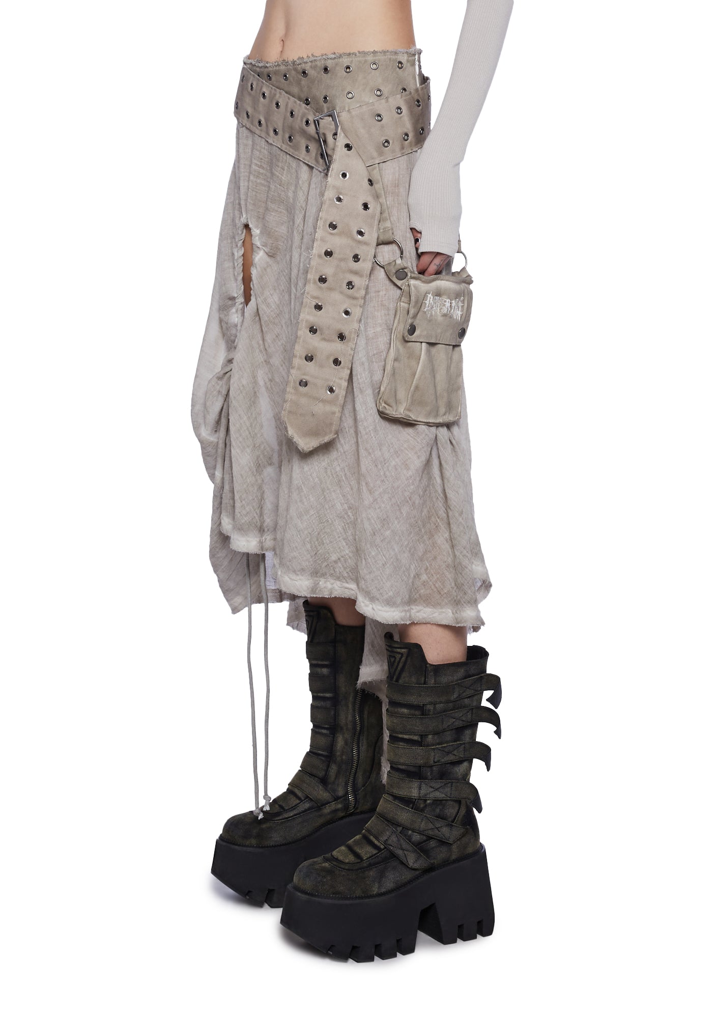 Darker Wavs Washed Assymetrical Ruched Skirt With Pocket