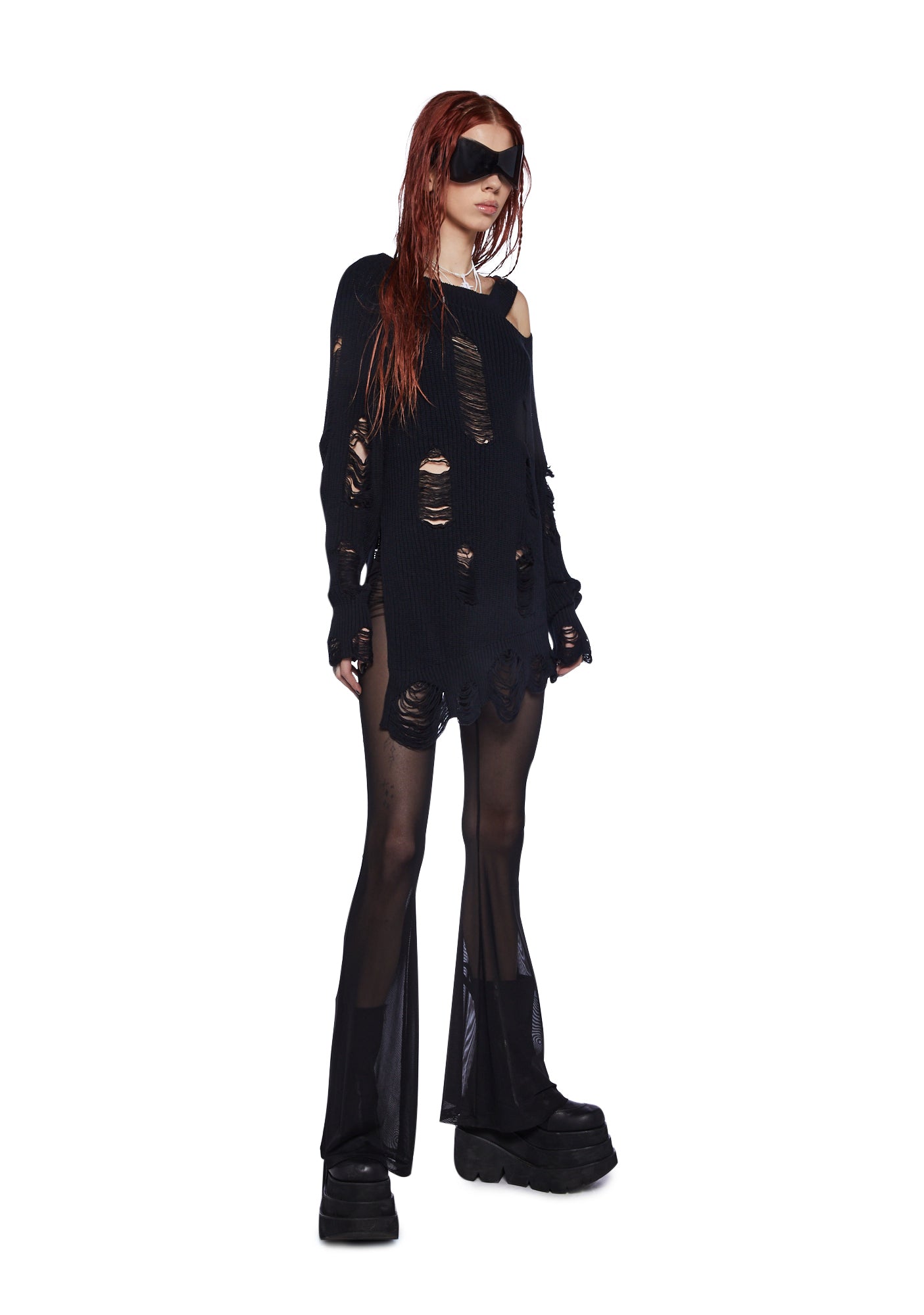 Darker Wavs Distressed Cut Out Long Sleeve Knit Sweater