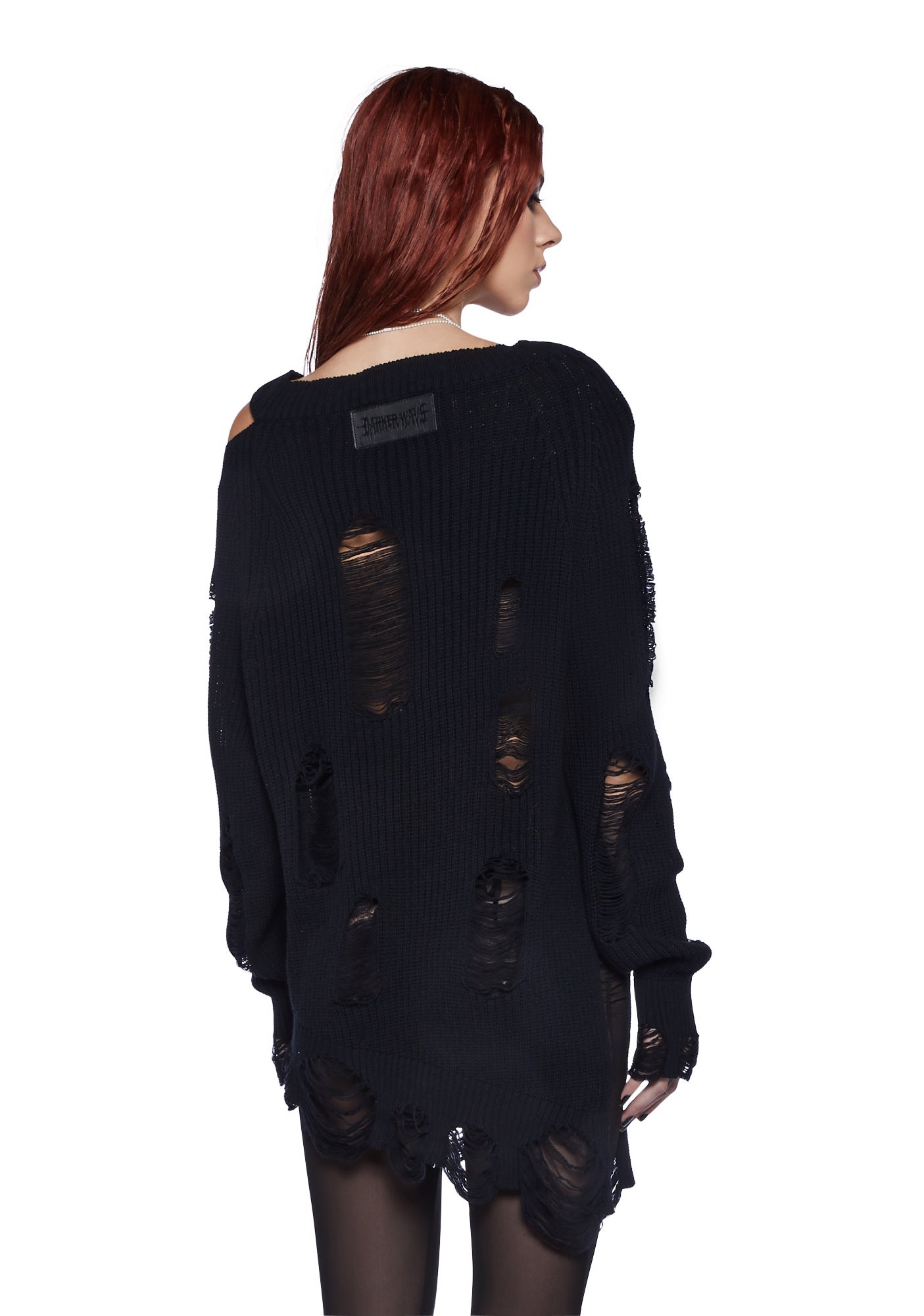 Darker Wavs Distressed Cut Out Long Sleeve Knit Sweater - Black