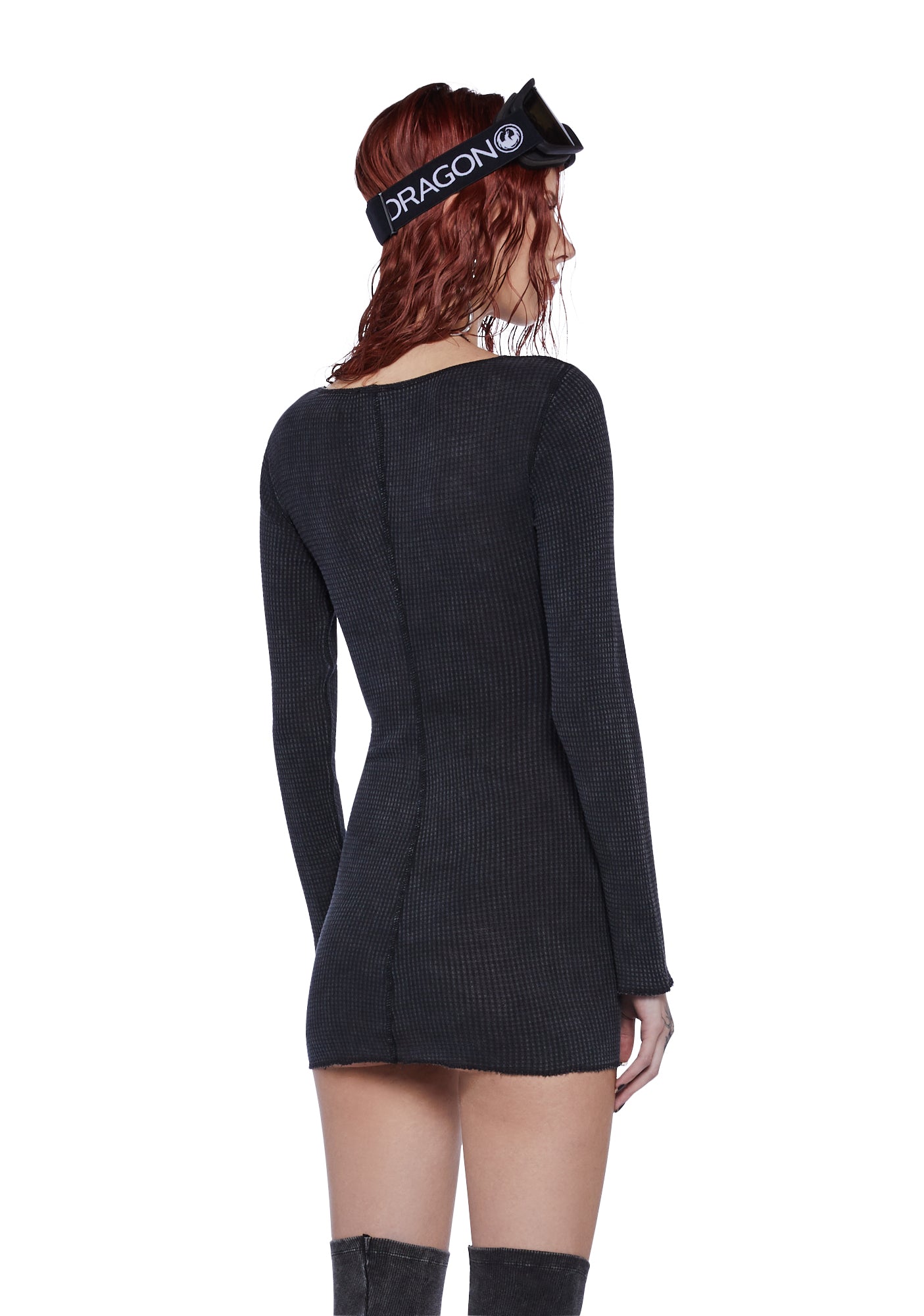 Darker Wavs Thermal Long Sleeve Waffle Knit Dress - Gray Dolls Kill Darker Wavs Thermal Long Sleeve Waffle Knit Dress - Gray Dolls Kill