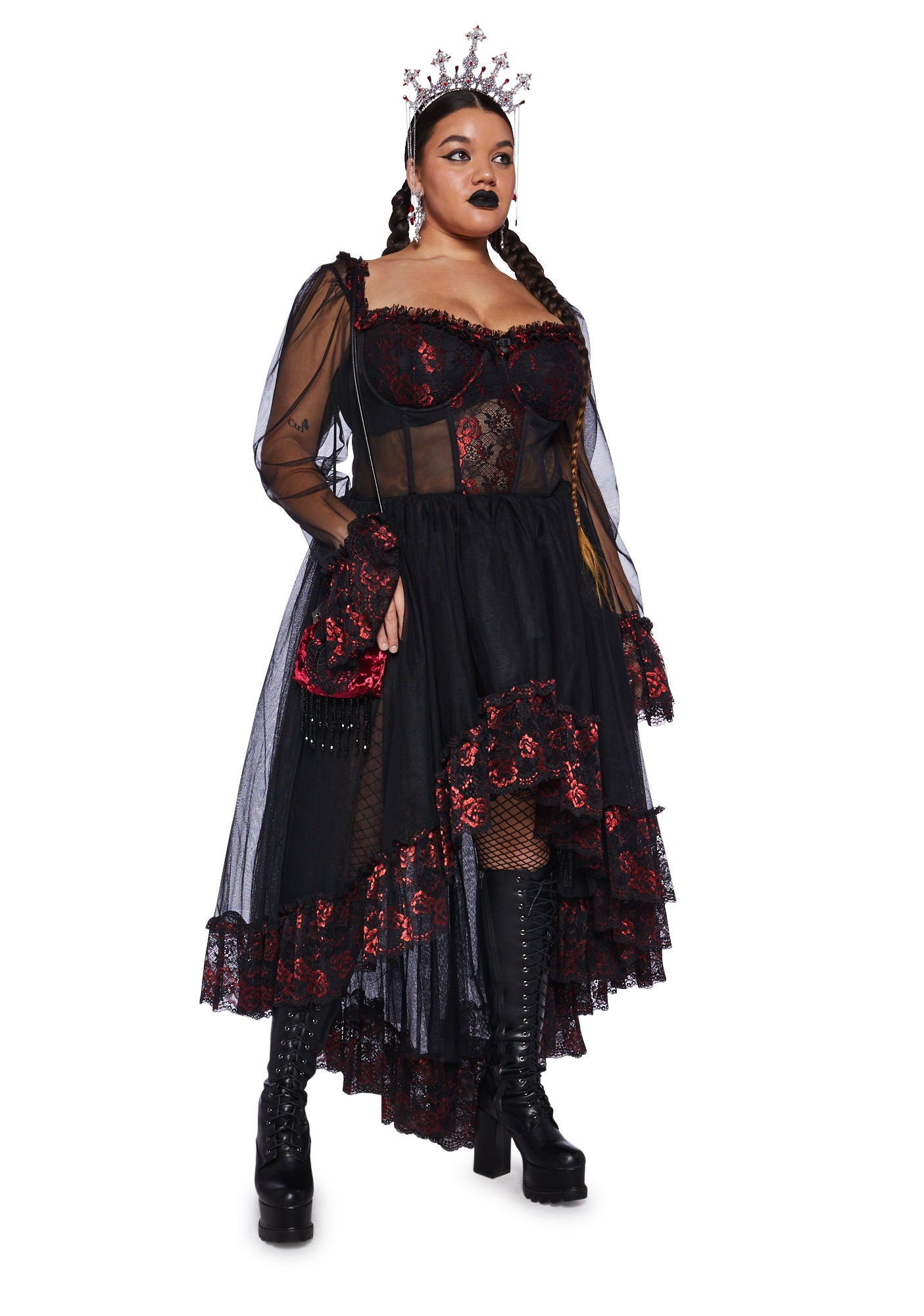 black gothic dress plus size Plus Size Widow High Low Sheer Mesh Lace Gothic Dress