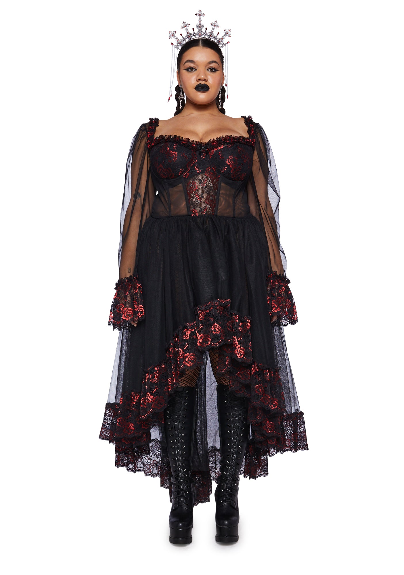 Plus Size Widow High Low Sheer Mesh Lace Gothic Dress