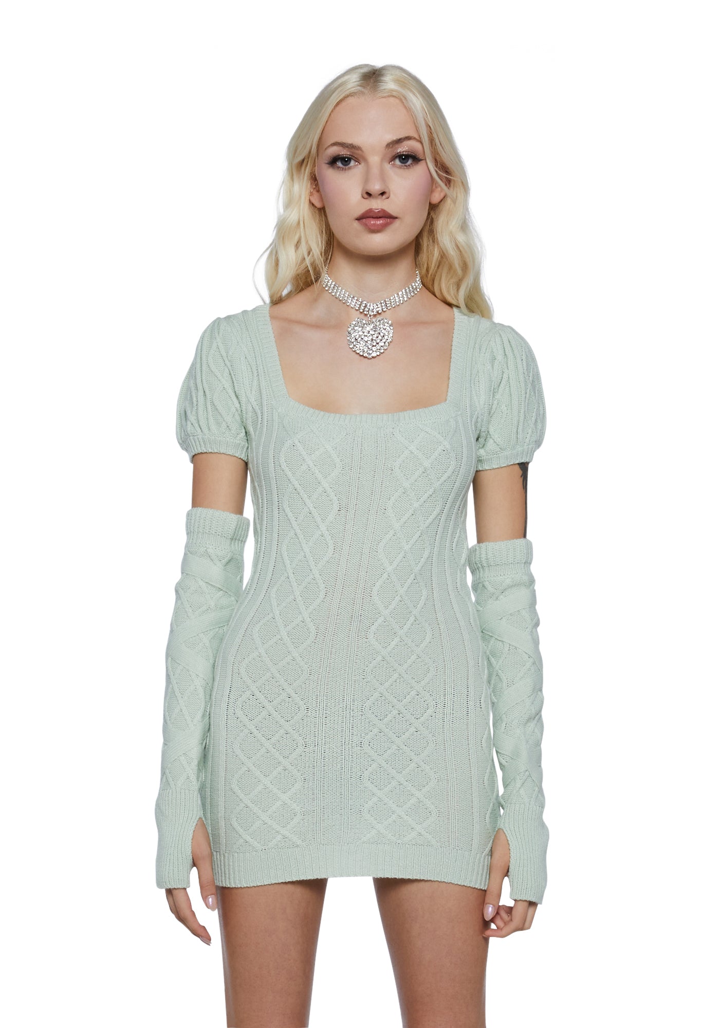 Sugar Thrillz Cable Knit Mini Dress With Arm Warmers - Light Green ...