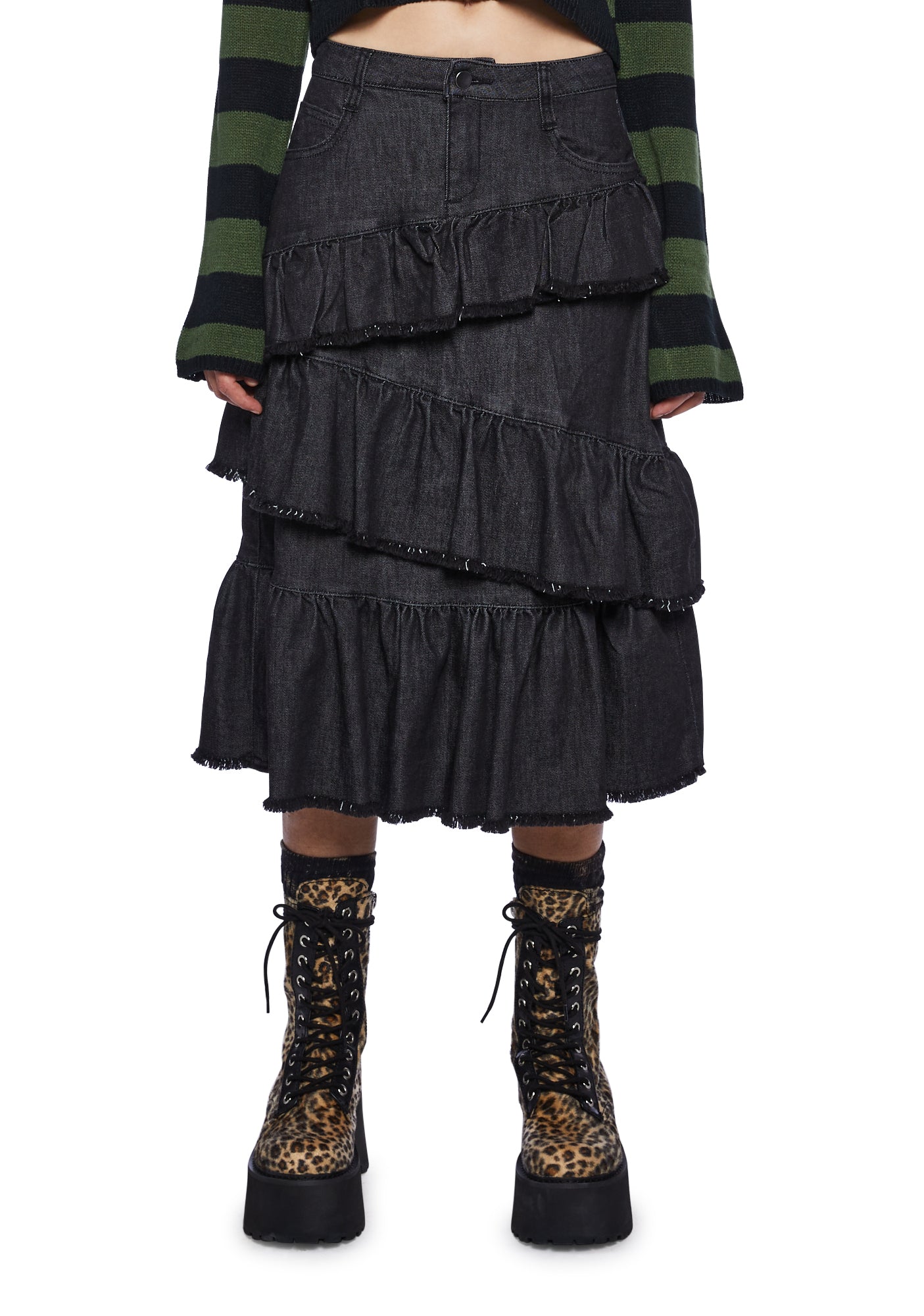 Denim Tiered Skirt-Black Wash