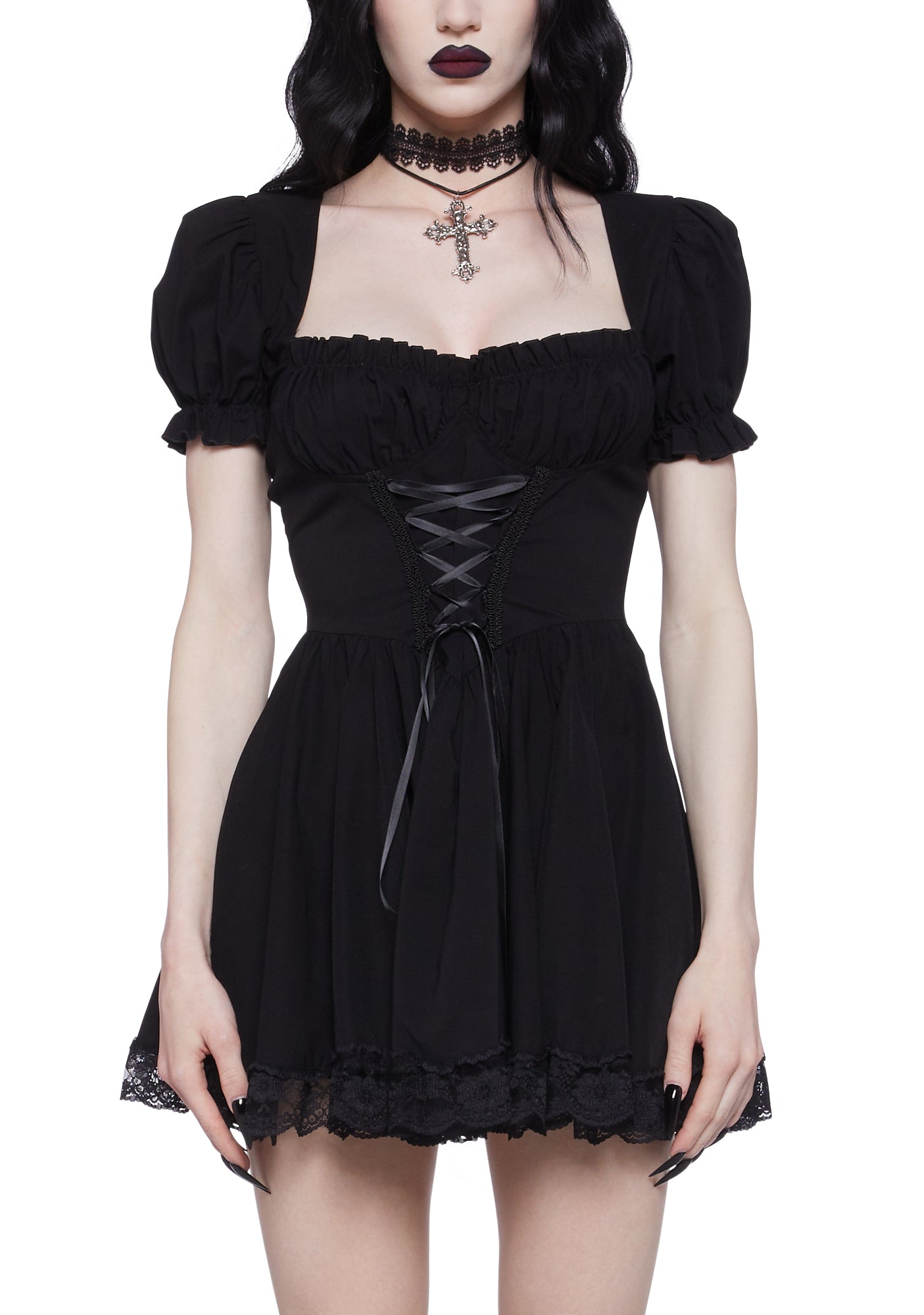 Widow Lace Up Mini Dress With Puffy Sleeves - Black – Dolls Kill