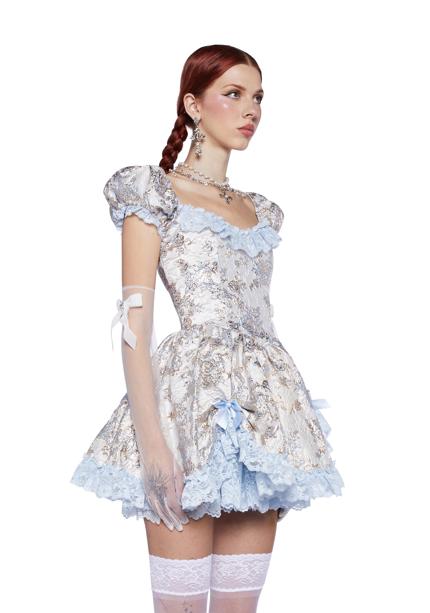 Sugar Thrillz Brocade Puffy Sleeve Mini Dress - Blue – Dolls Kill
