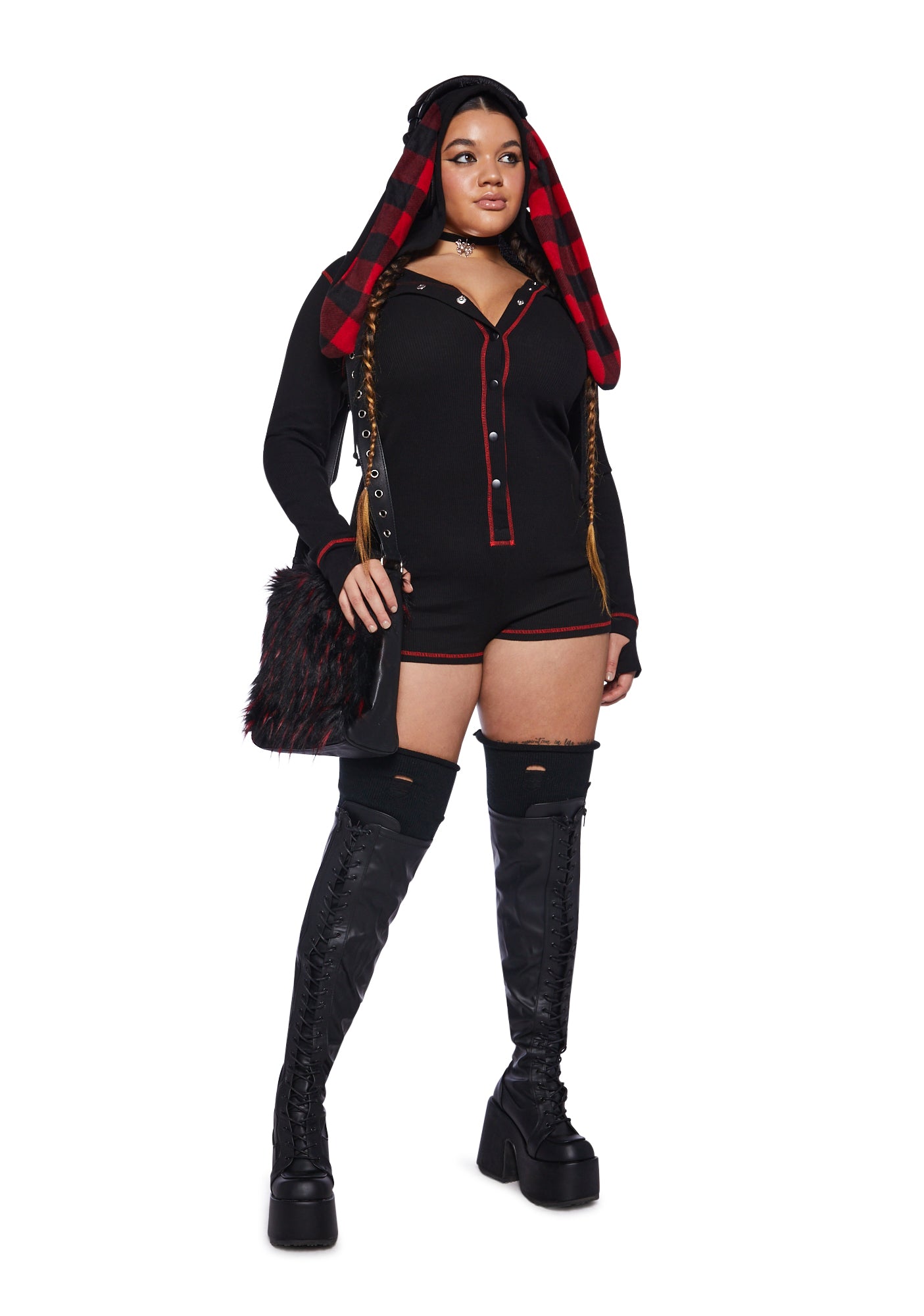 Plus Size Current Mood Thermal Onesie Shorts With Bunny Ears