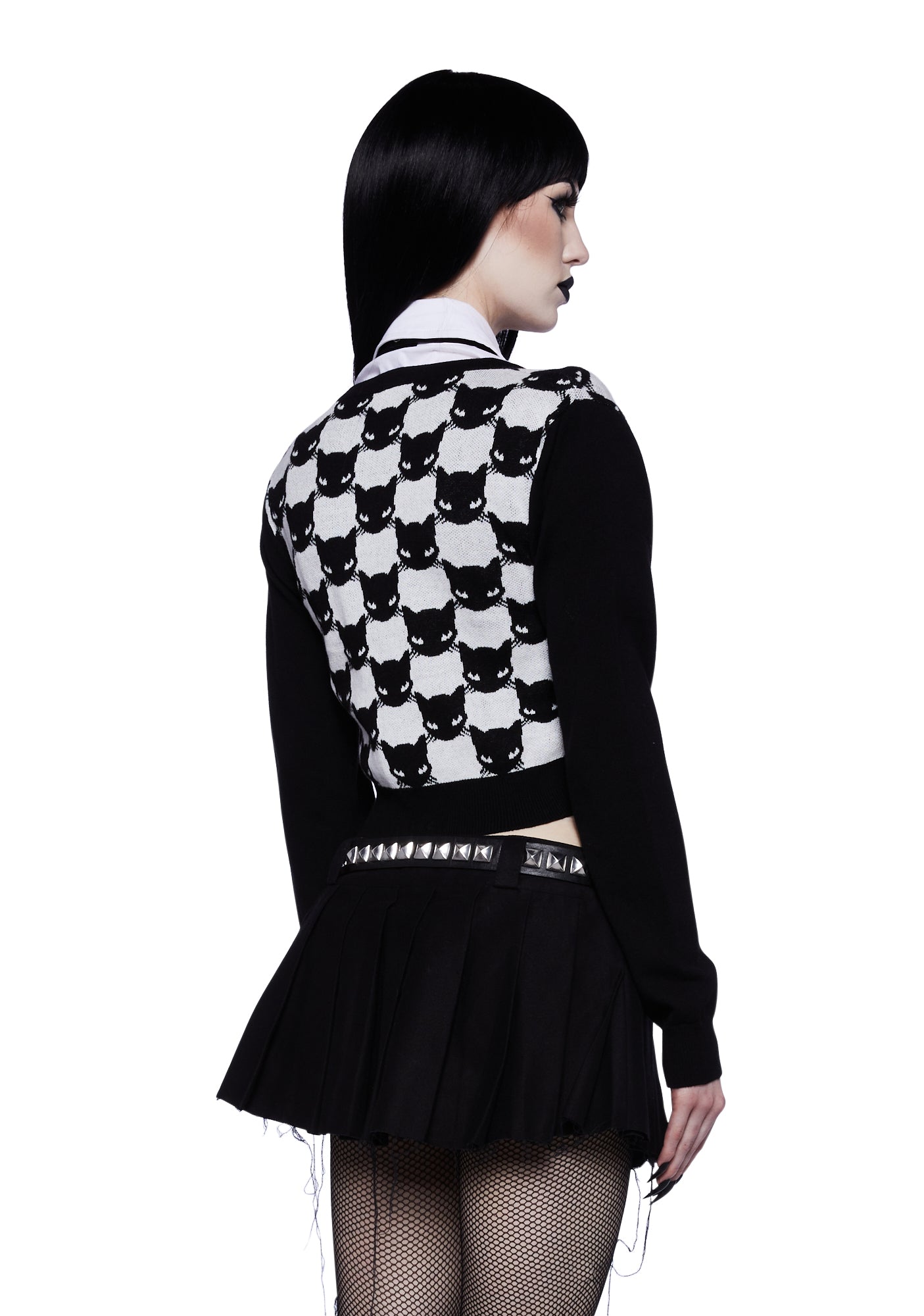 Dolls Kill x Emily The Strange Cat Print Knit Cropped Cardigan