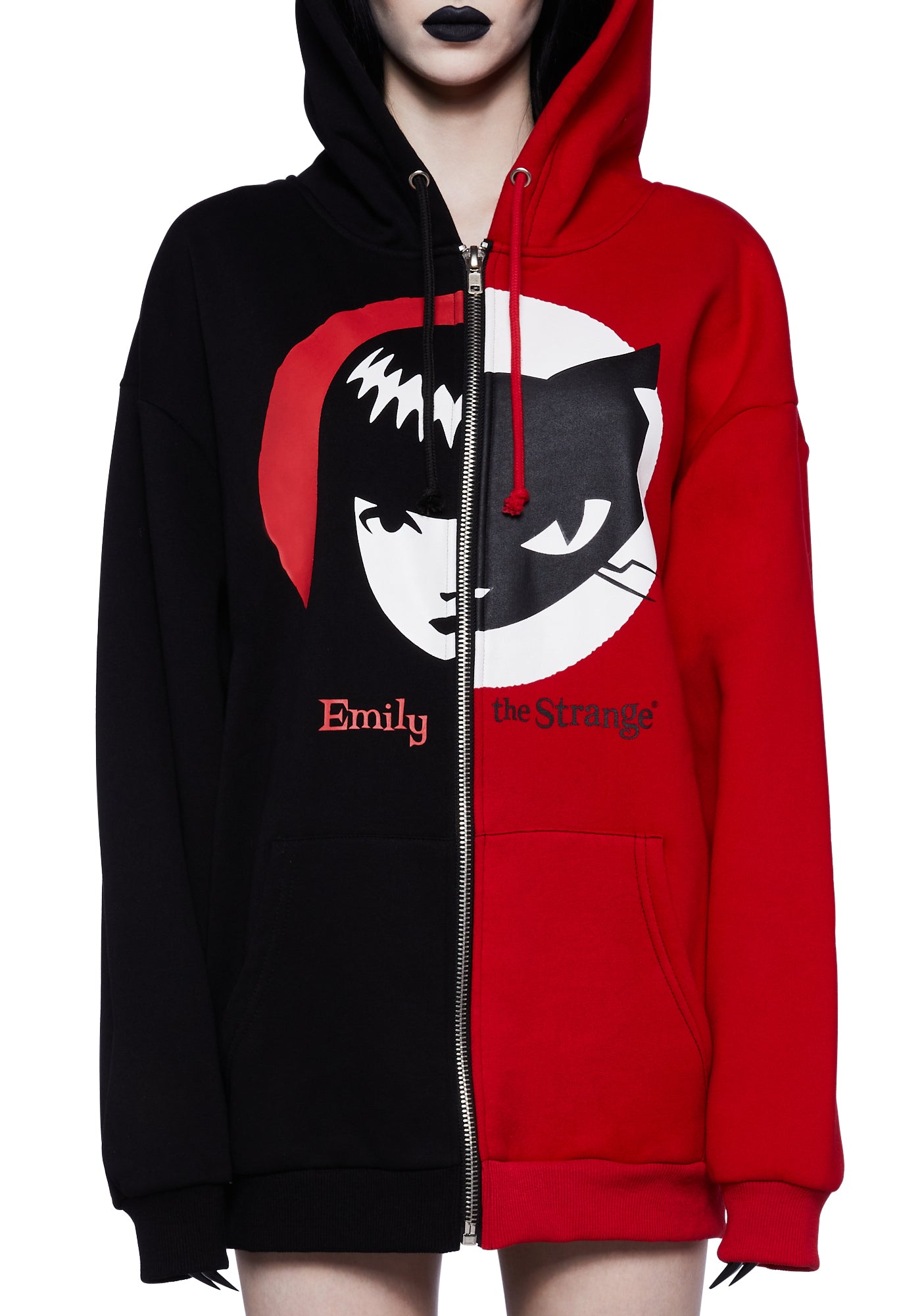 Dolls Kill x Emily The Strange Colorblock Cat Hoodie Black Red