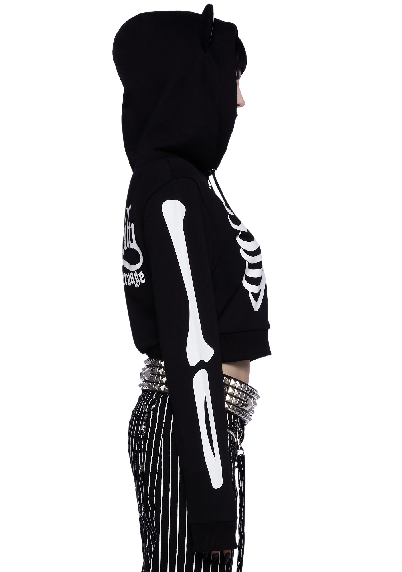 Dolls Kill x Emily The Strange Skeleton Cropped Hoodie - Black