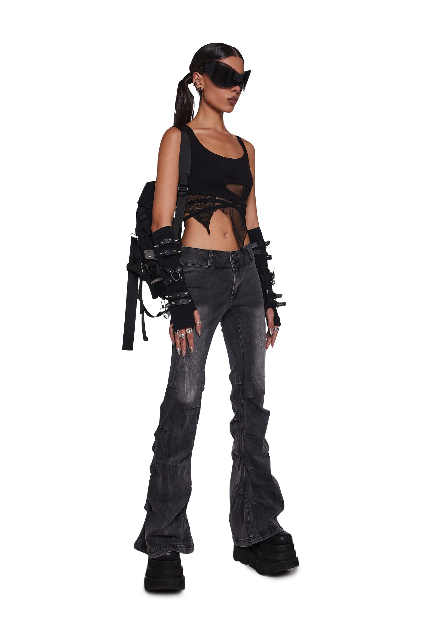 Darker Wavs Denim Wide Leg Pants With Belt Loops - Black