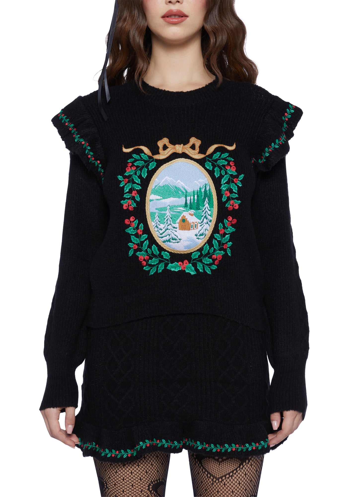 【はこぽす対応商品】 Sugar Black - Sweater Knit Embroidered Holiday Thrillz トップス
