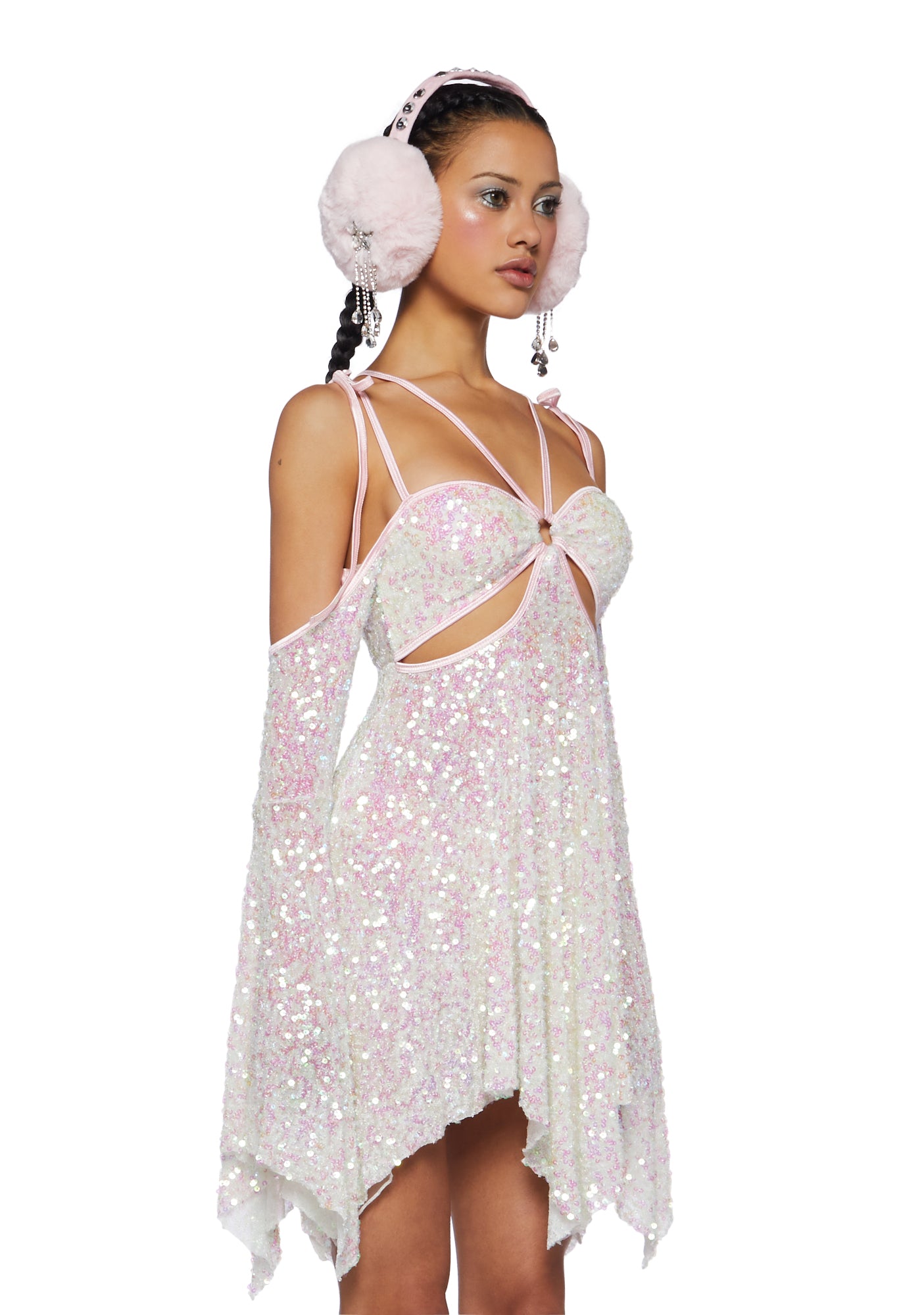 Dolls kill レザー風ドレス Club Exx Sequin Cut Out Mini Dress - White – Dolls Kill
