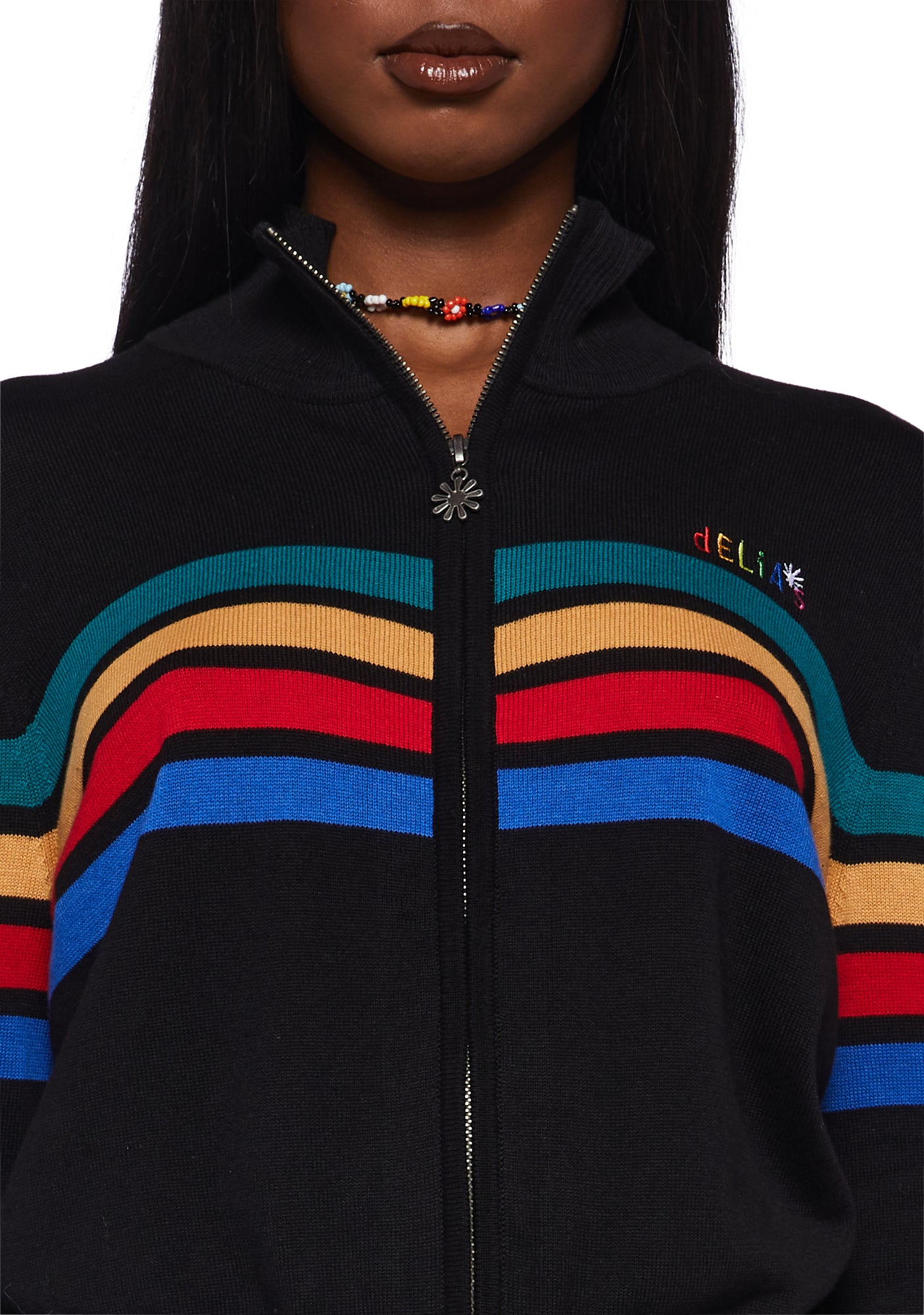 Delia's Striped Long Sleeve Zip Up Sweater - Black – Dolls Kill