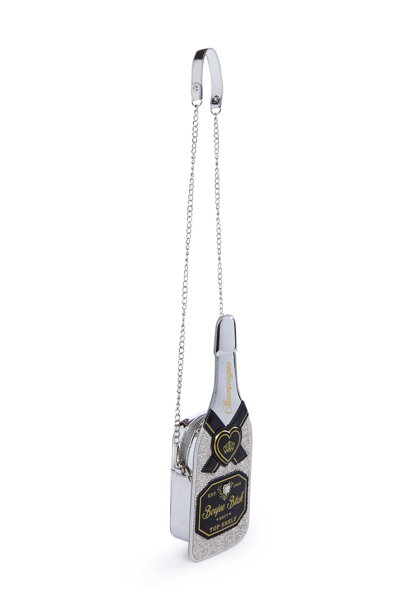 Sugar Thrillz Rhinestone Champagne Bottle Crossbody Bag - Silver