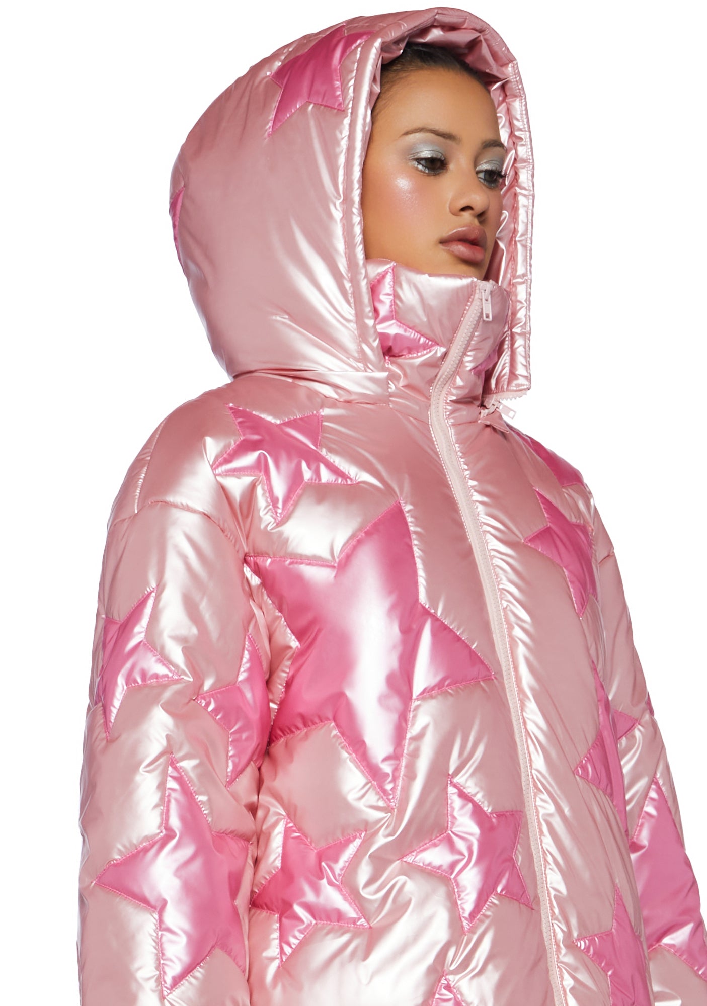 Pink vinyl puffer jacket sales