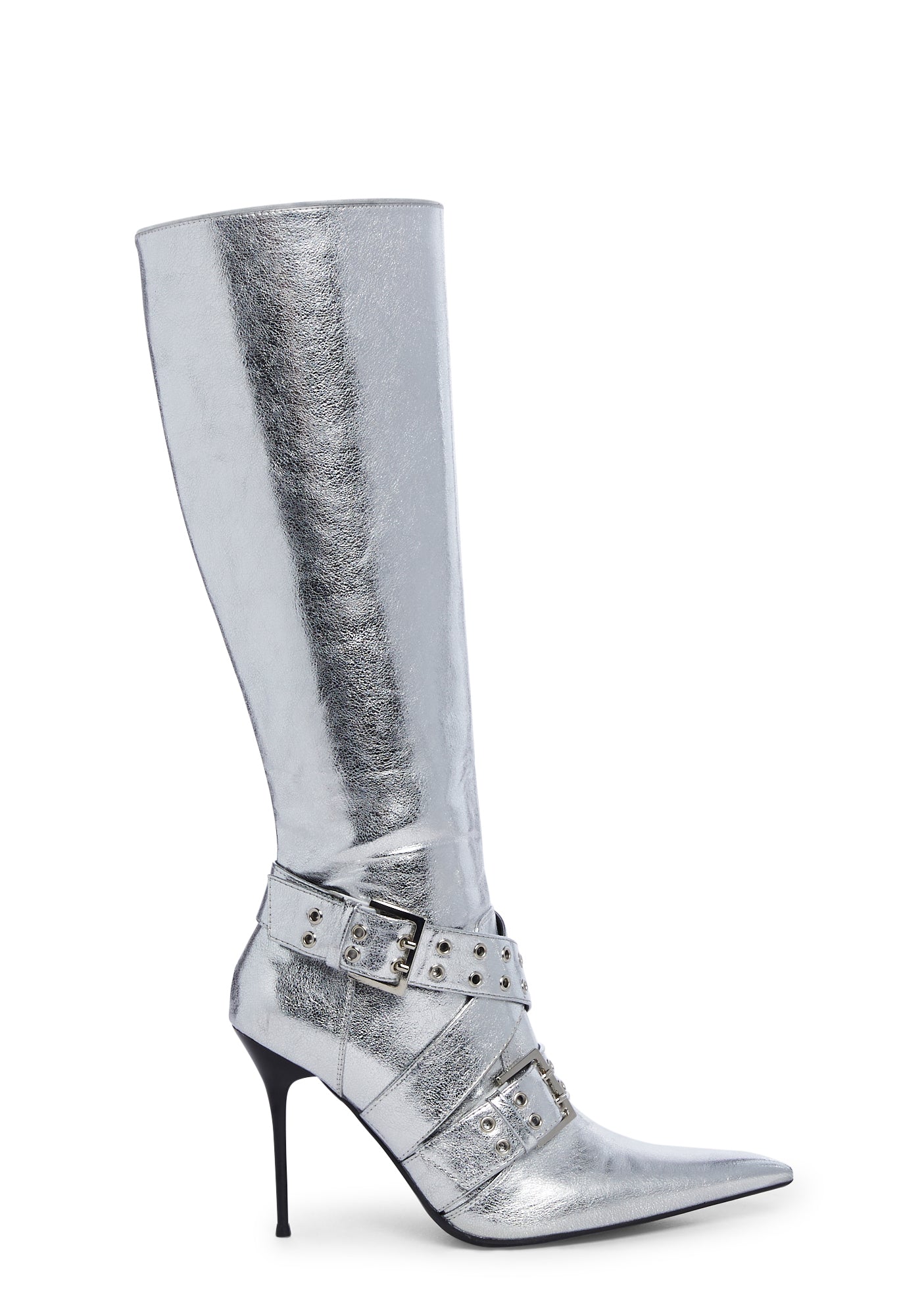 Generation Kiss Metallic Pointed Toe Buckle Knee High Boots - Silver ...