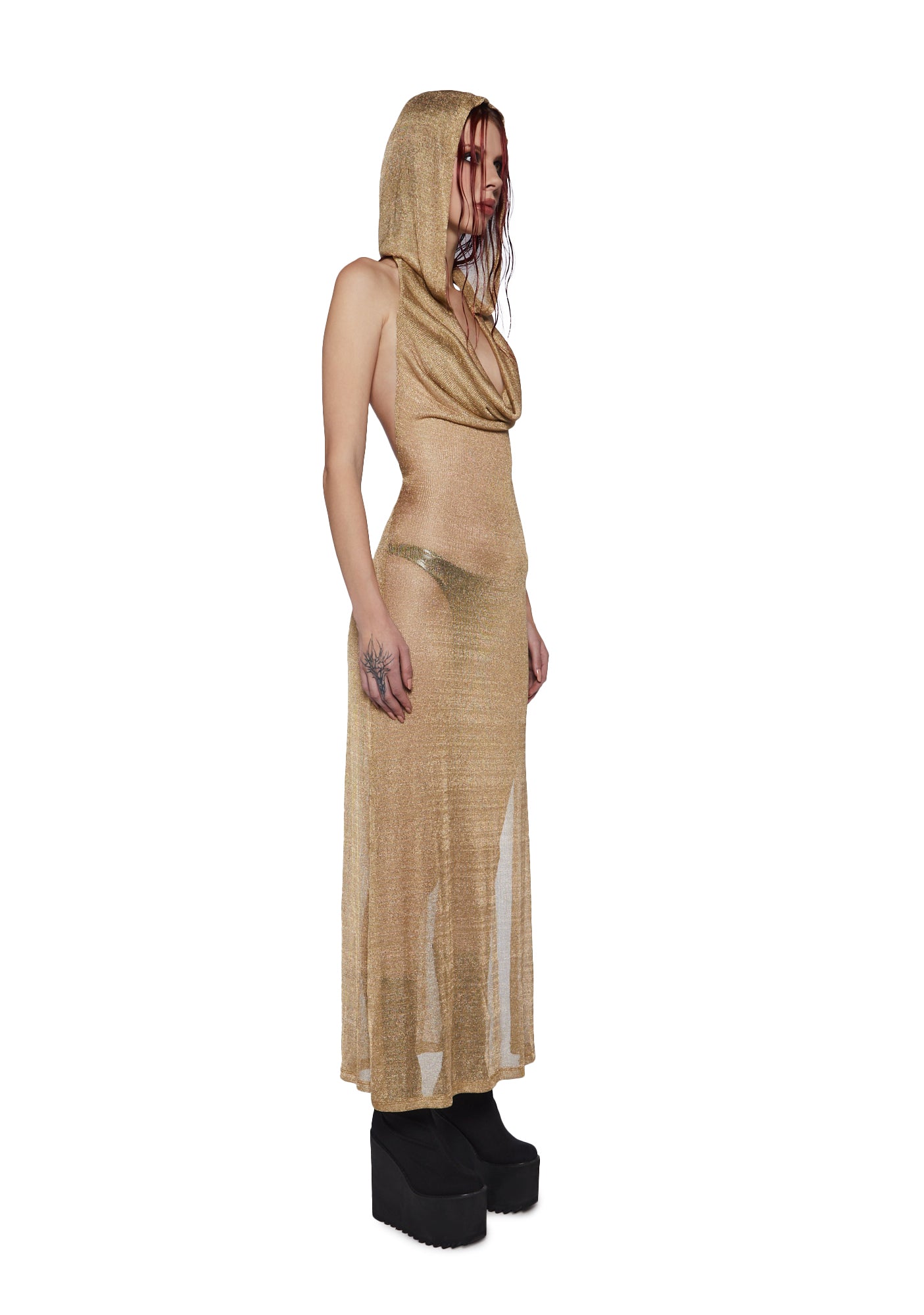 Darker Wavs Metallic Knit Open Back Sexy Maxi Dress