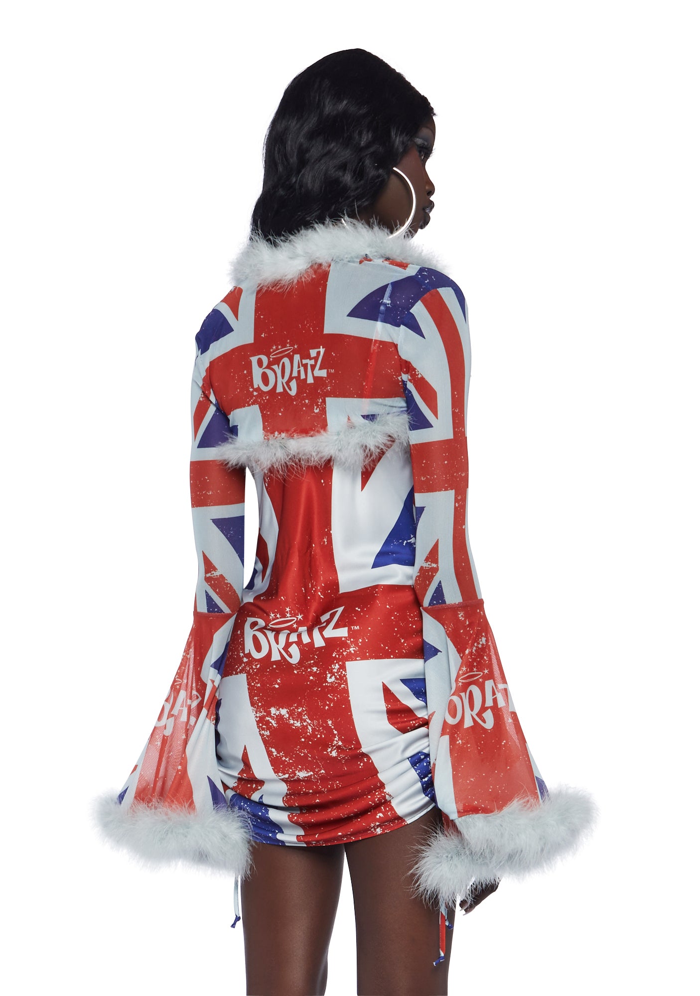 Dolls Kill x Bratz Union Jack British Mini Satin Dress With Marabou Shrug