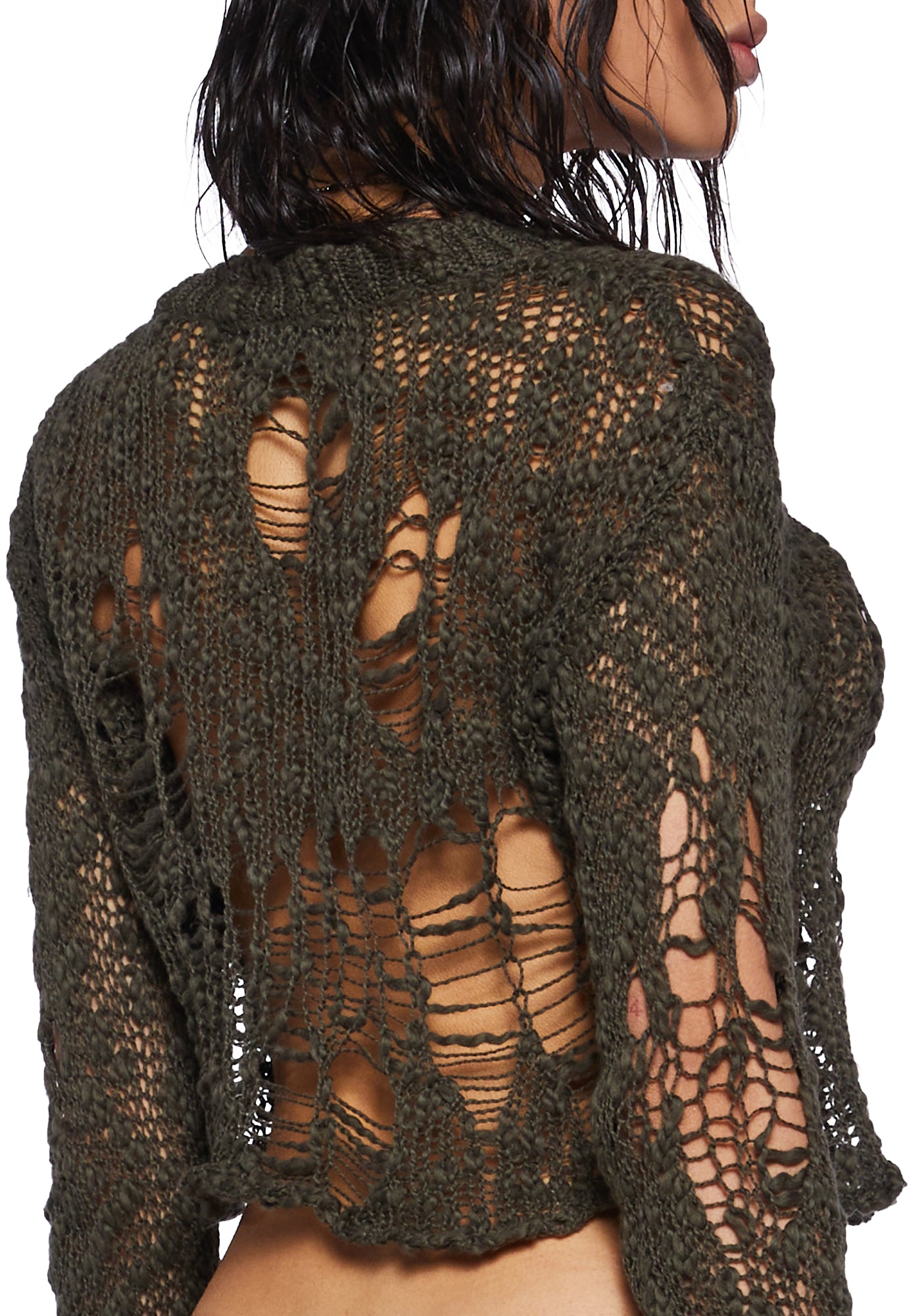 Darker Wavs Open Weave Knit Cropped Sweater - Green – Dolls Kill