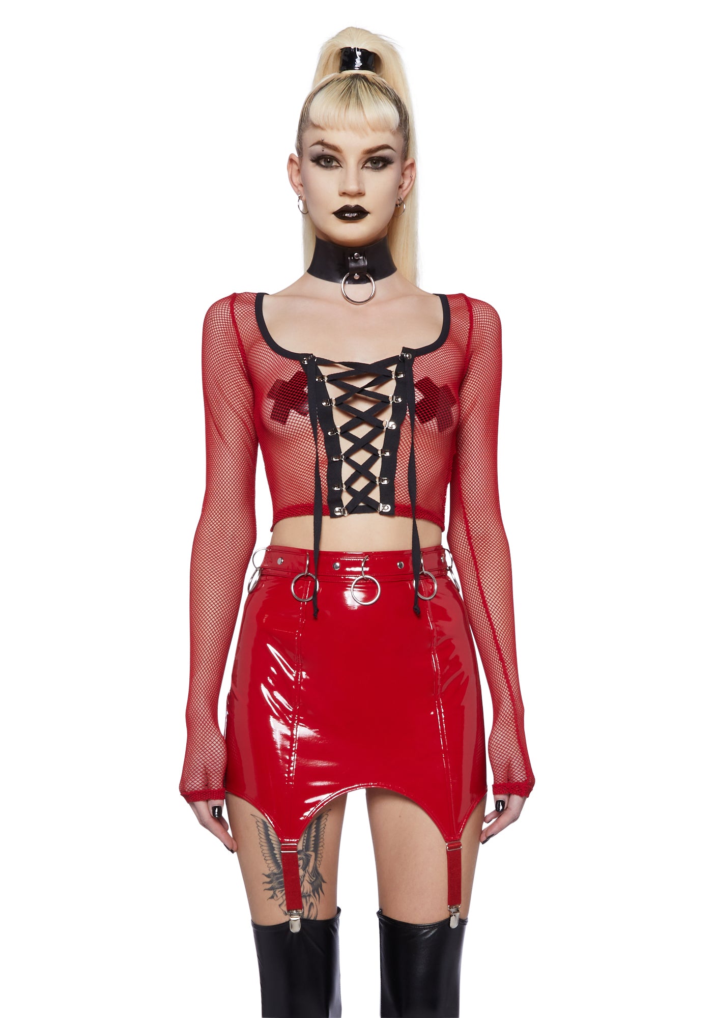 Widow Fishnet Lace Up Long Sleeve Top - Red