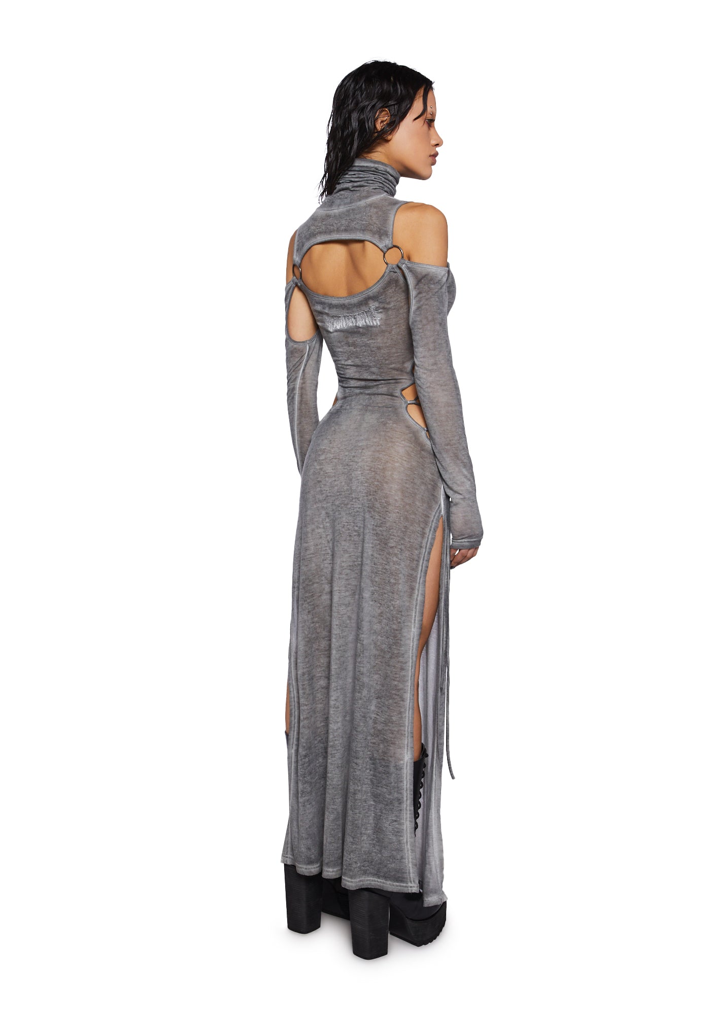 Darker Wavs Washed Smoke Lace Up Maxi Dress With Lace Ups Gray Dolls Kill