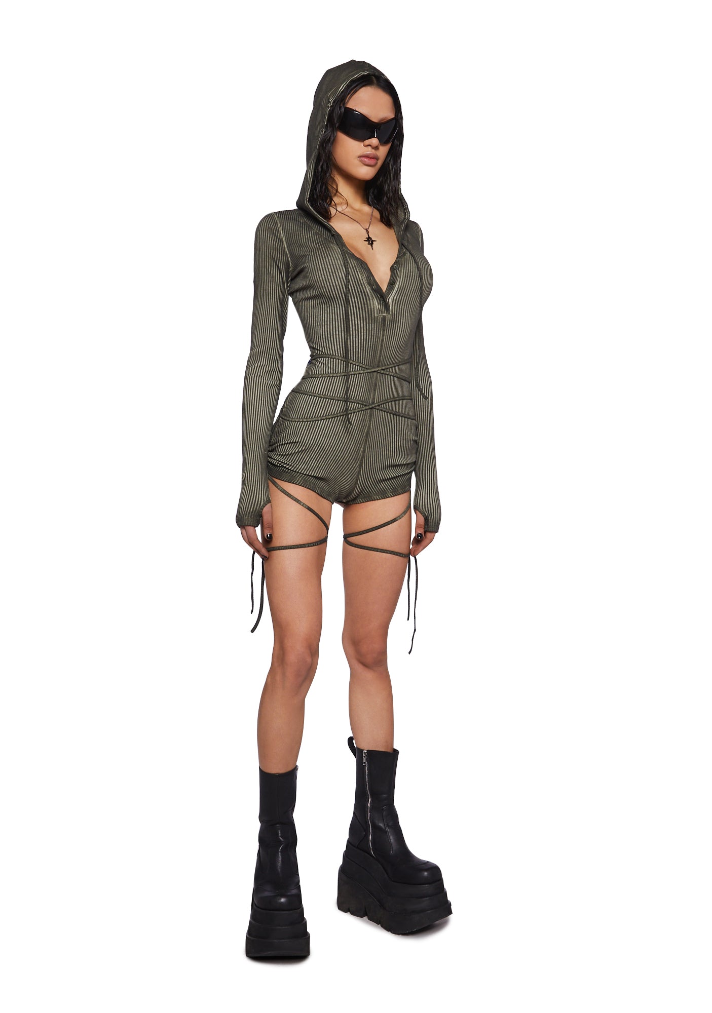Darker WAVS Crossfade Hooded Long Sleeve Romper - Green - Dark Green / X-Large