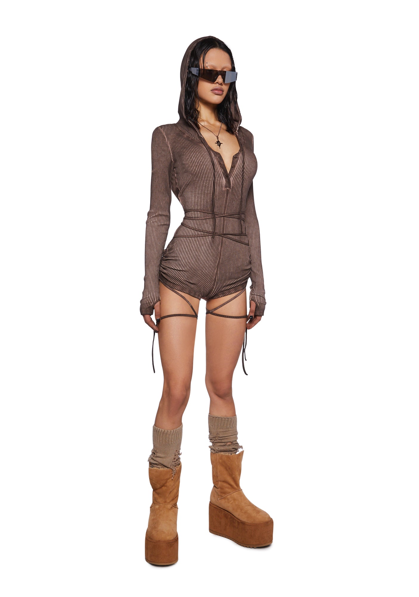 Crossfade Hooded Long Sleeve Romper - Brown