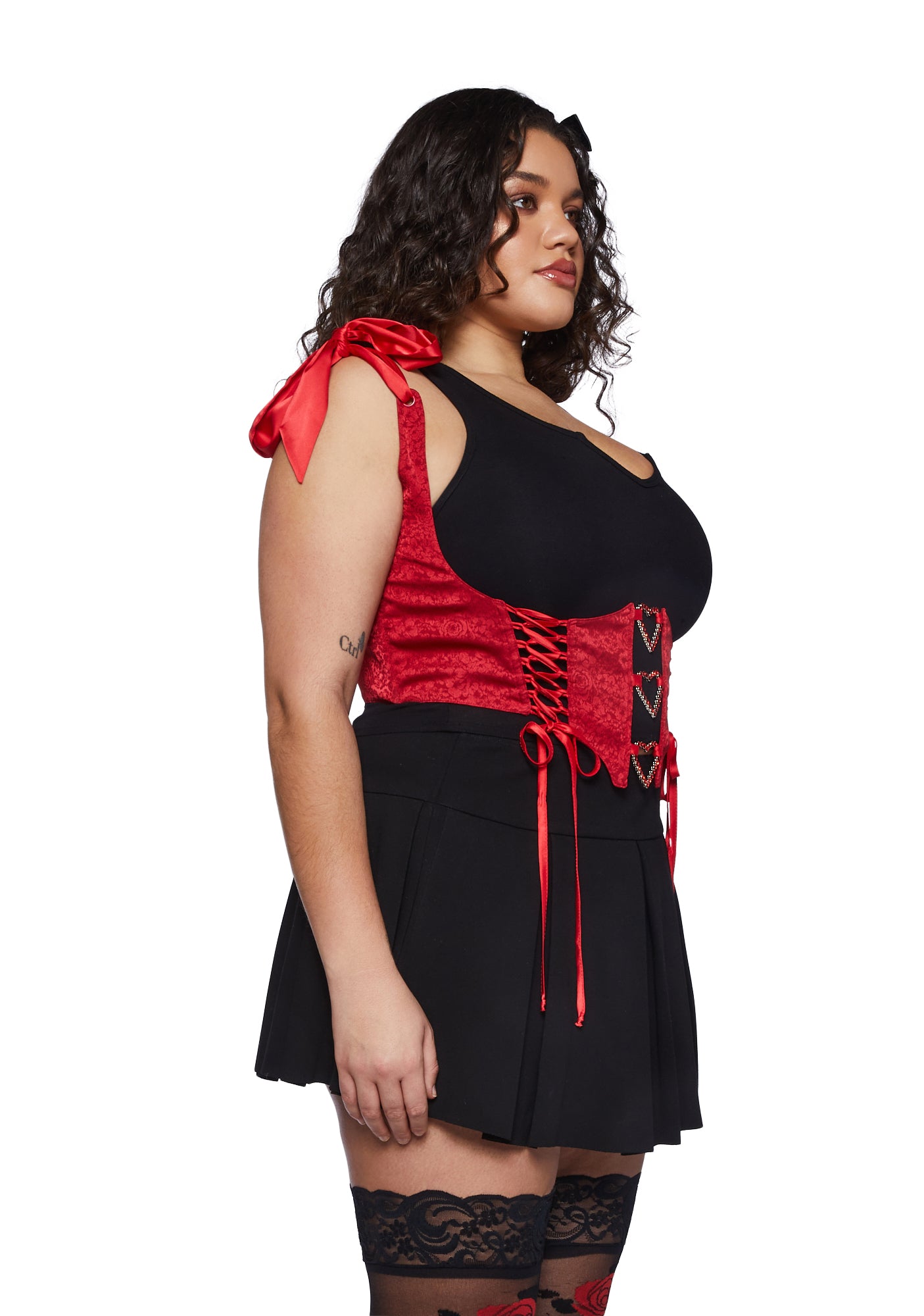 Plus Size Sugar Thrillz Brocade Heart Lace Corset- Red