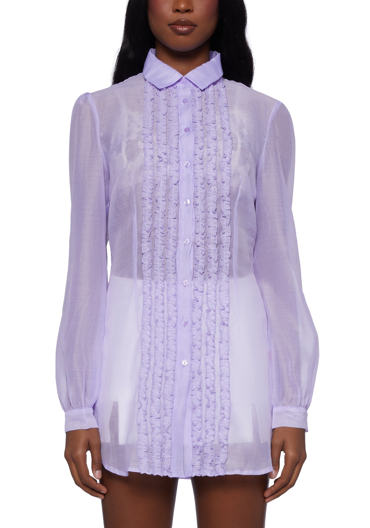 さくらページ ARGUE BUFFY MUSE OVERALL GLEN Sugar Thrillz Ruffle Trim Sheer Button Up Shirt - Purple