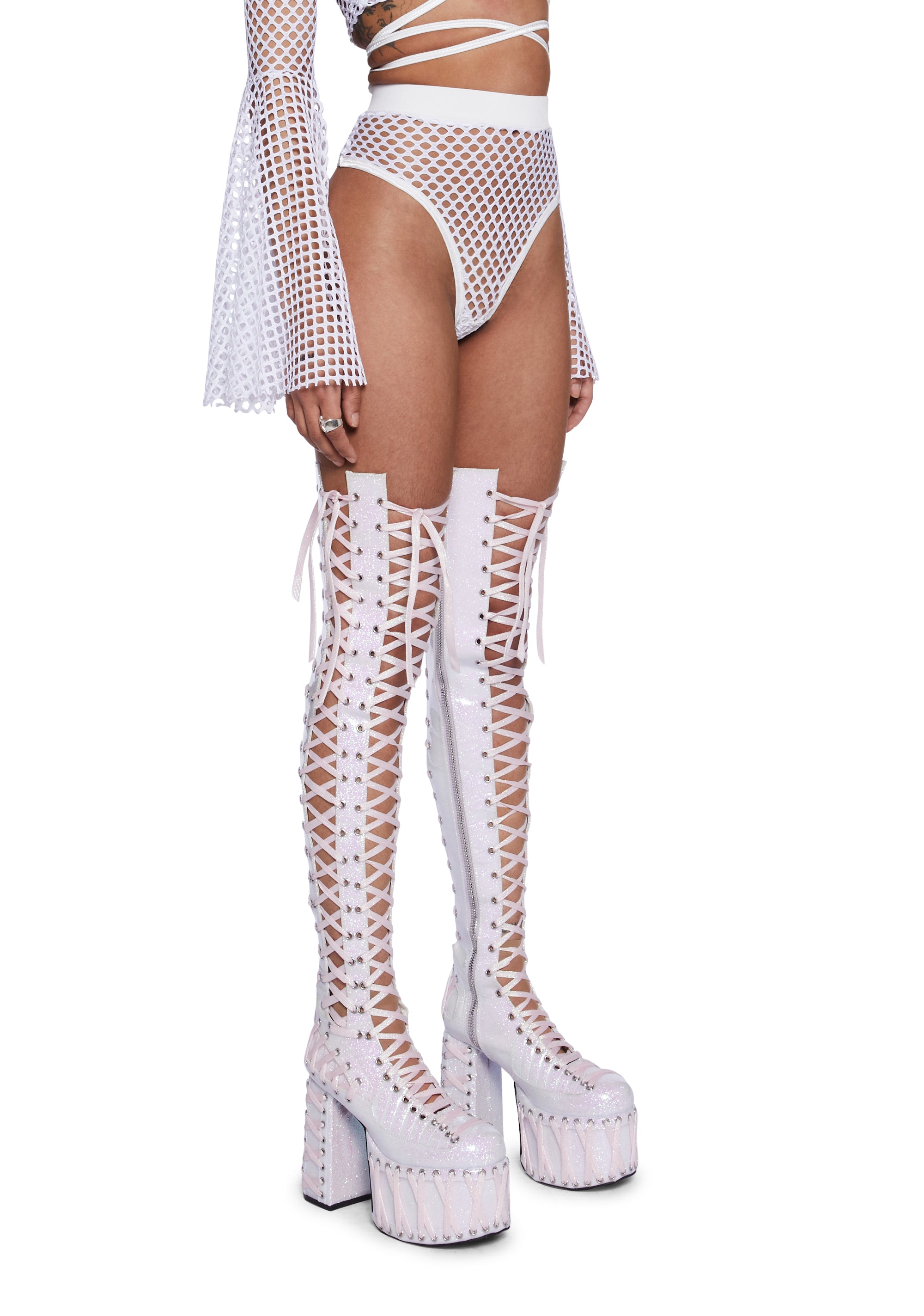 Shorts with fishnets and thigh high boots best sale