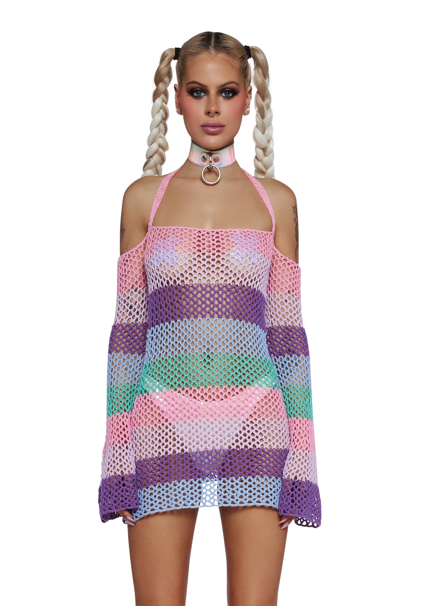 Club Exx Pastel Festival Crochet Bell Sleeve Mini Dress