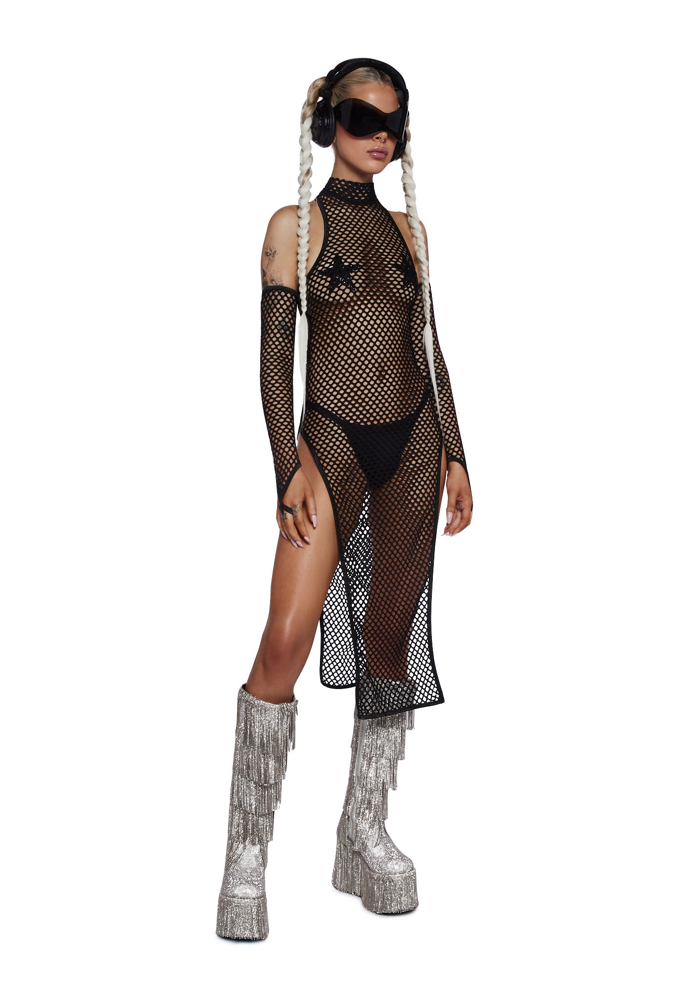 Club Exx Fishnet Maxi Dress Festival With Gloves
