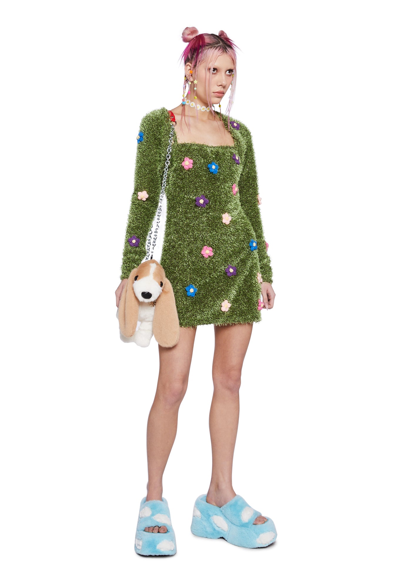 Delia s Grass Mohair Mini Dress With Flowers And Shrug Set Green Dolls Kill