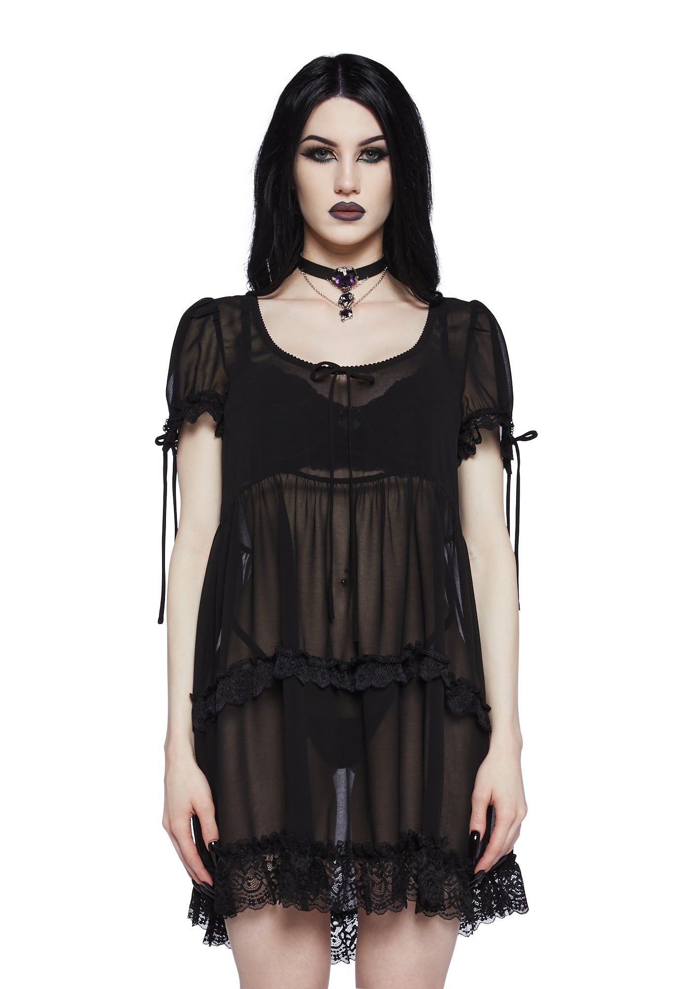 Widow Chiffon Lace Baby Doll Mini Dress- Black Dolls Kill Widow Chiffon Lace Baby Doll Mini Dress- Black Dolls Kill