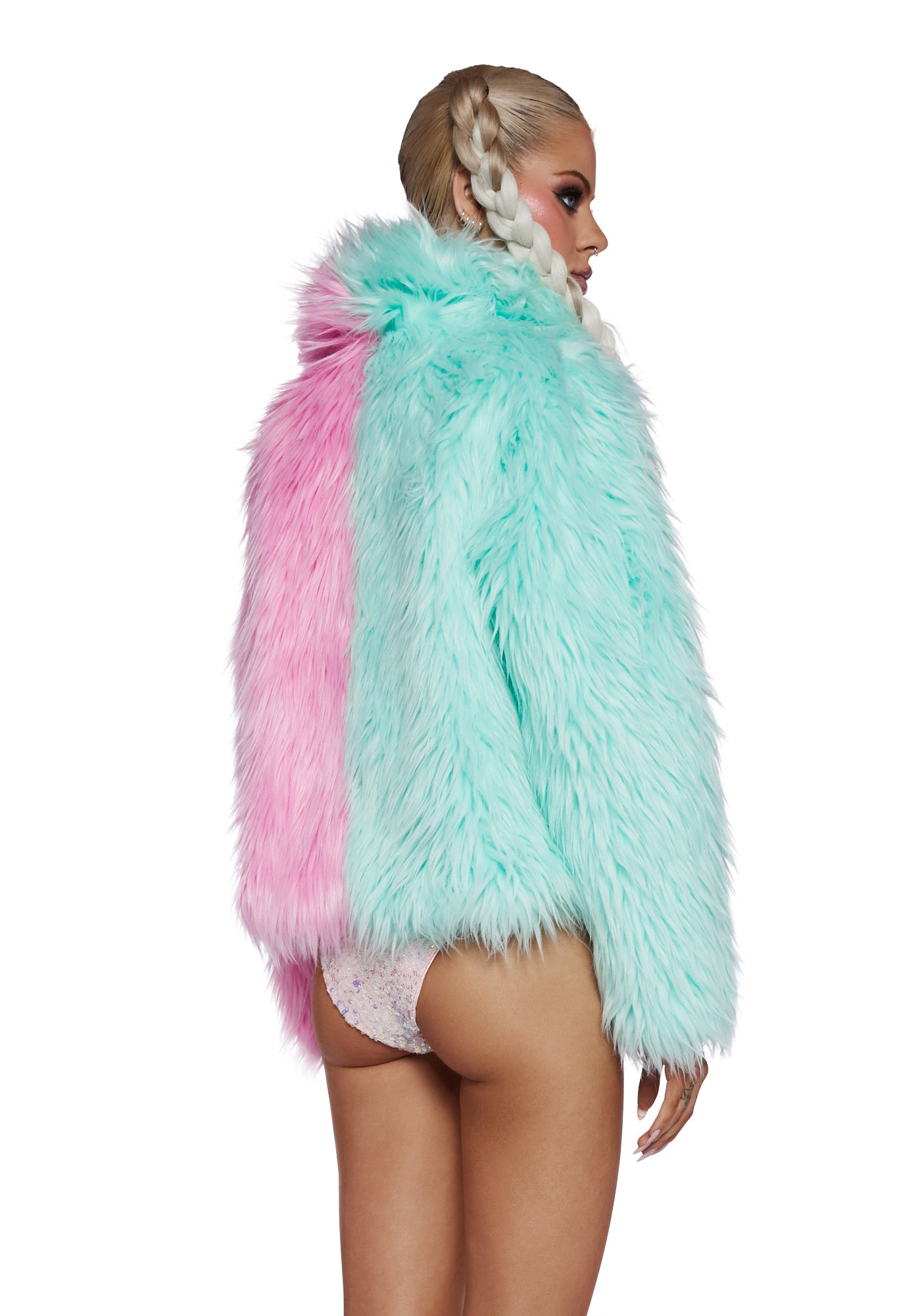 Club Exx Color Block Faux Fur Jacket - Green/Pink – Dolls Kill
