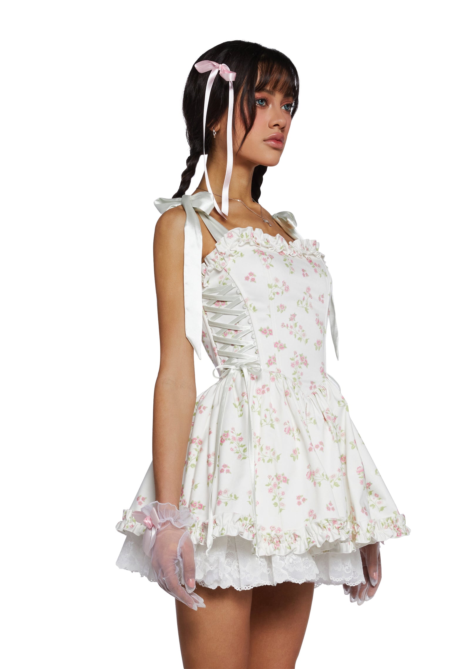 Sugar Thrillz Satin Ruffle Floral Print Corset Mini Dress