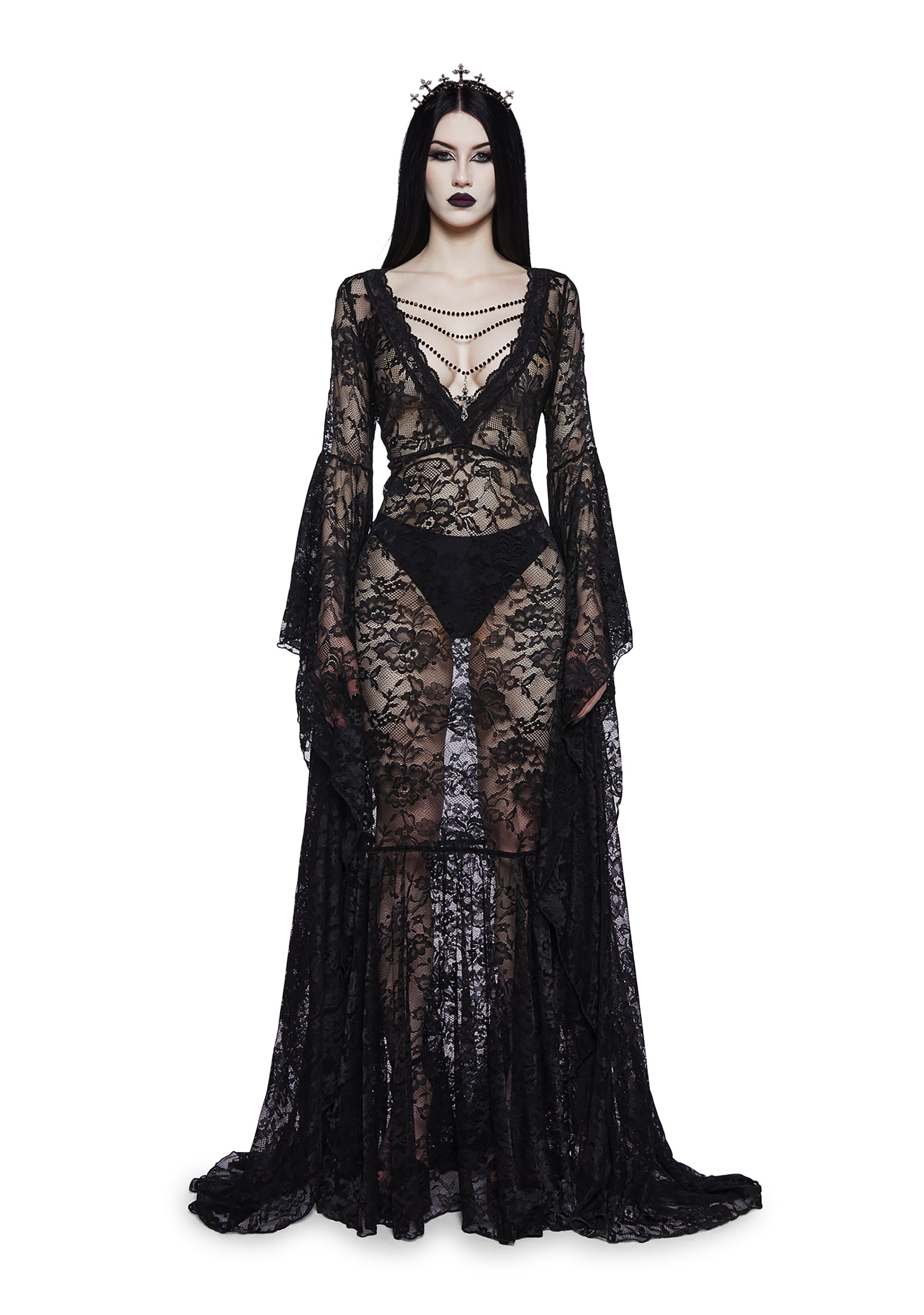 Unholy Mesh And Lace Bodysuit With Detachable Bell Sleeves - Off White –  Dolls Kill