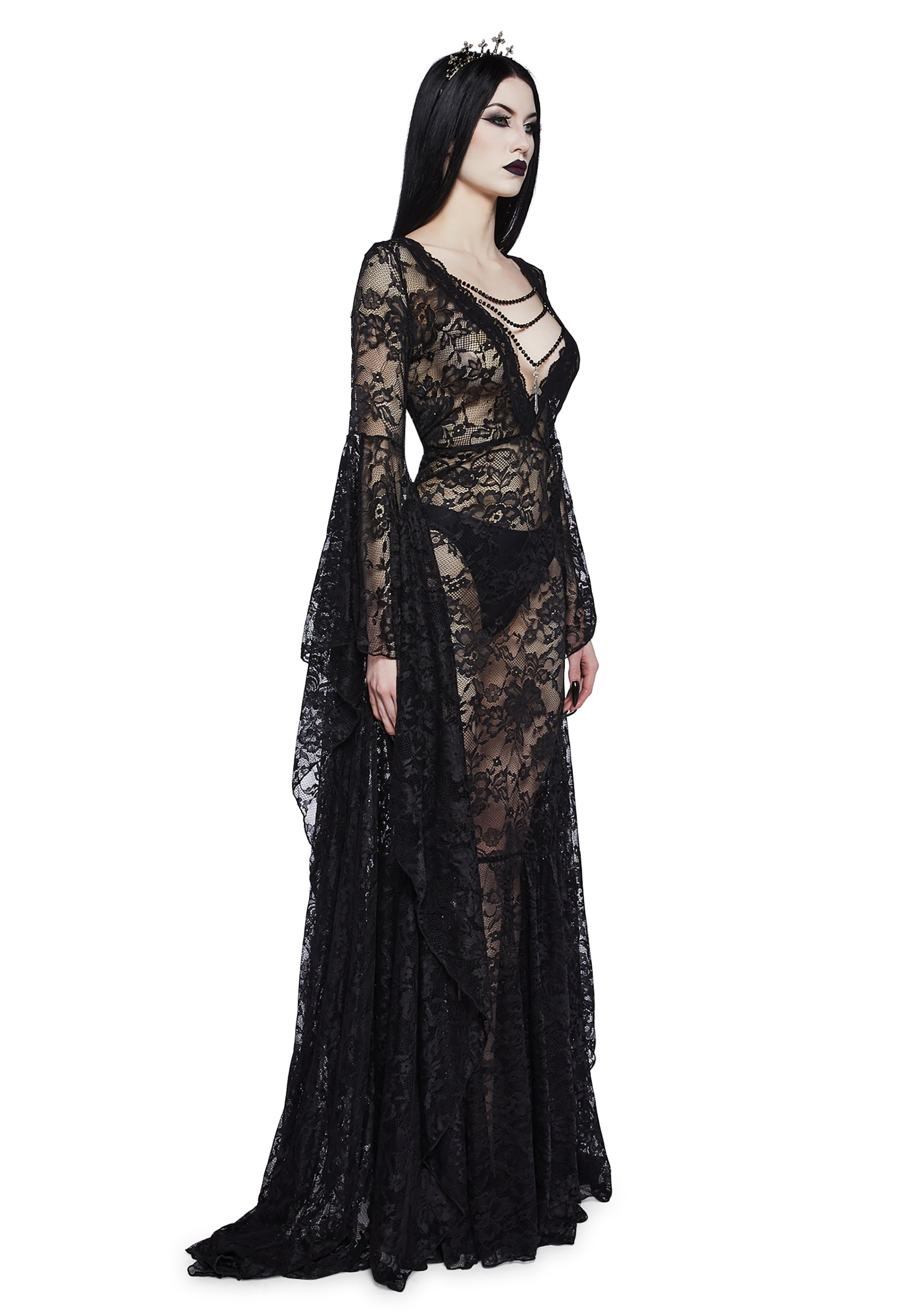Widow Lace Mega Flare Sleeve Maxi Dress - Black Dolls Kill Widow Lace Mega Flare Sleeve Maxi Dress - Black Dolls Kill