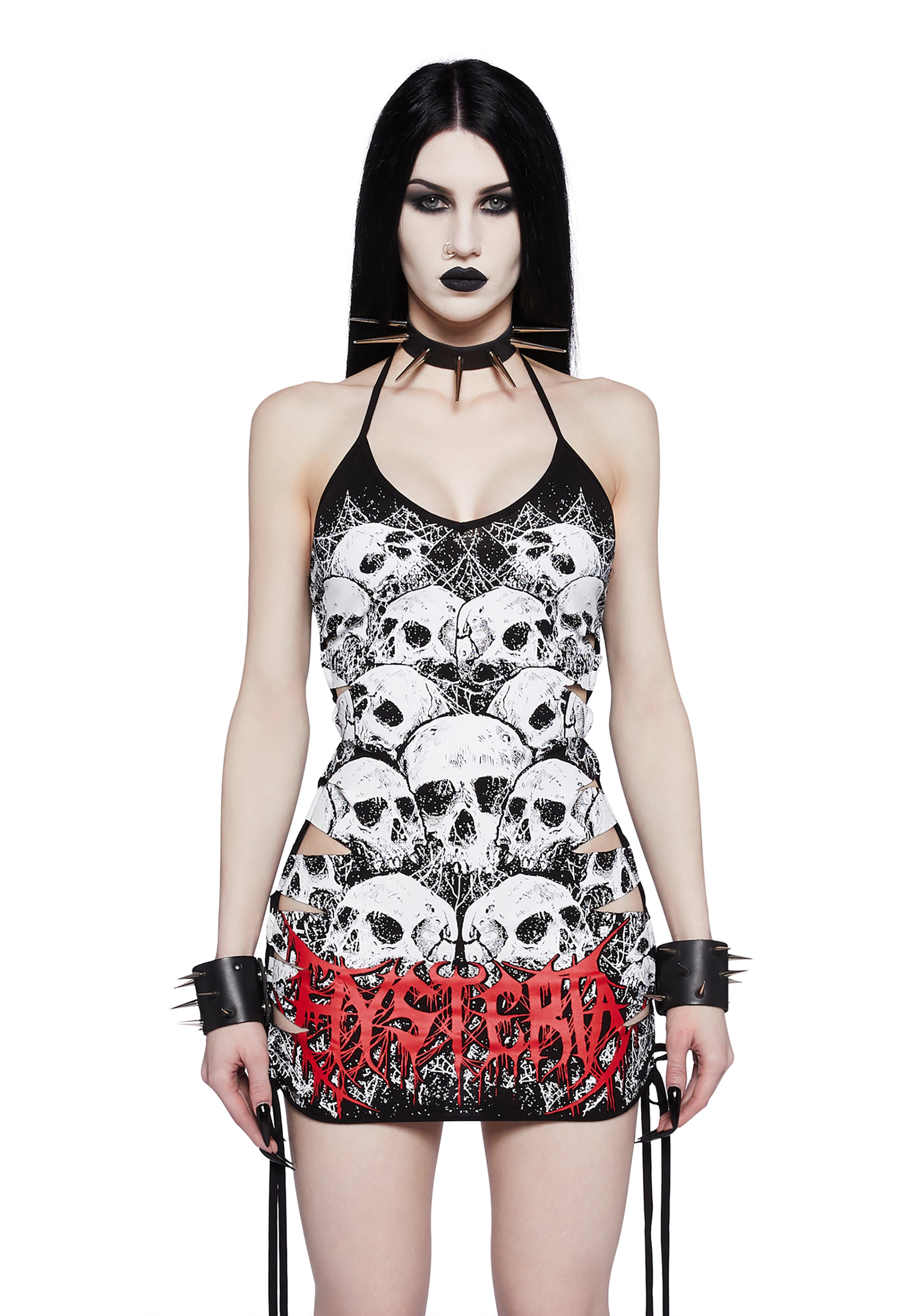 Widow Metal Skull Bones Slashed Bodycon Mini Halter Dress