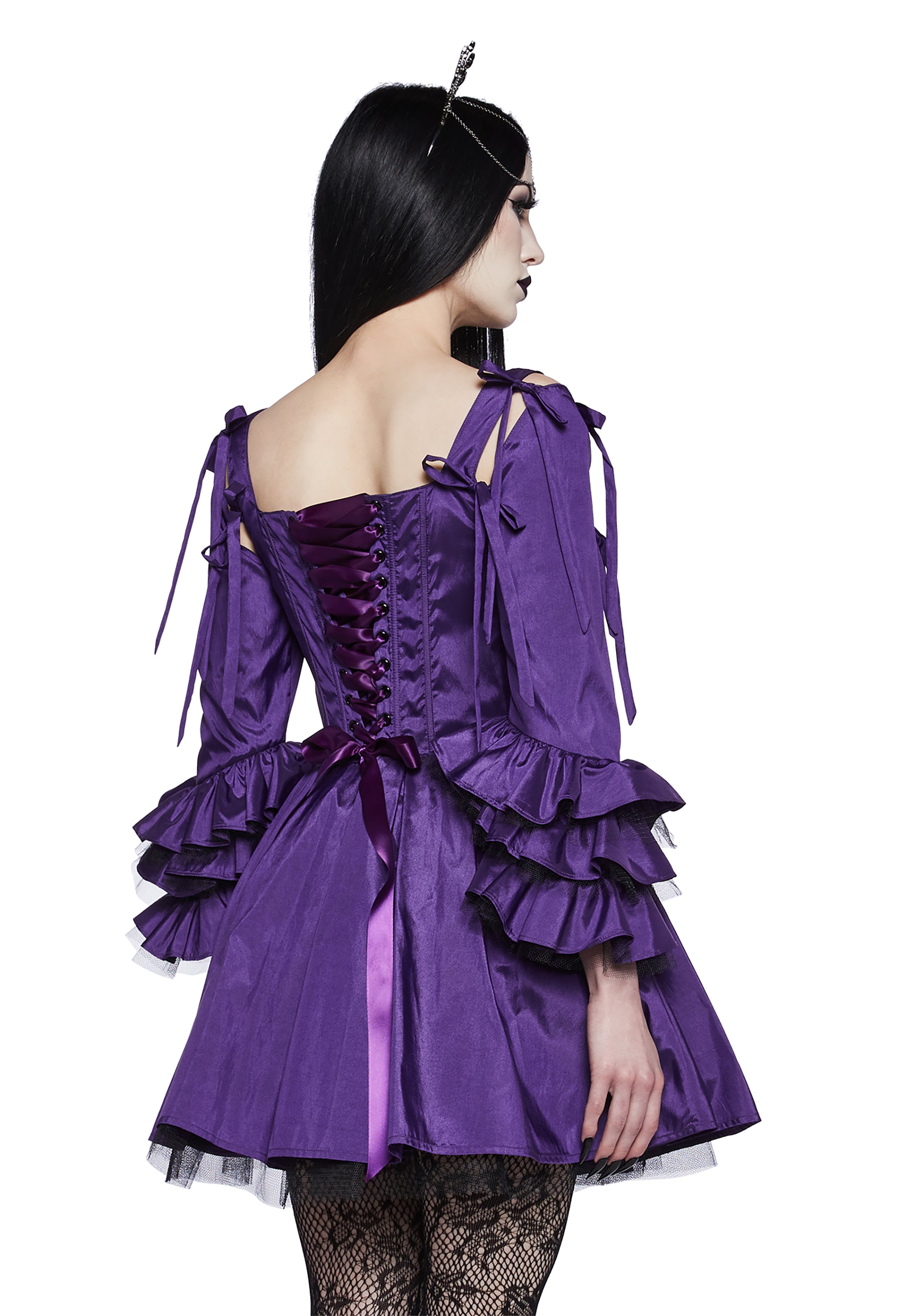 Widow Taffeta Lace Up Mini Dress With Sleeves