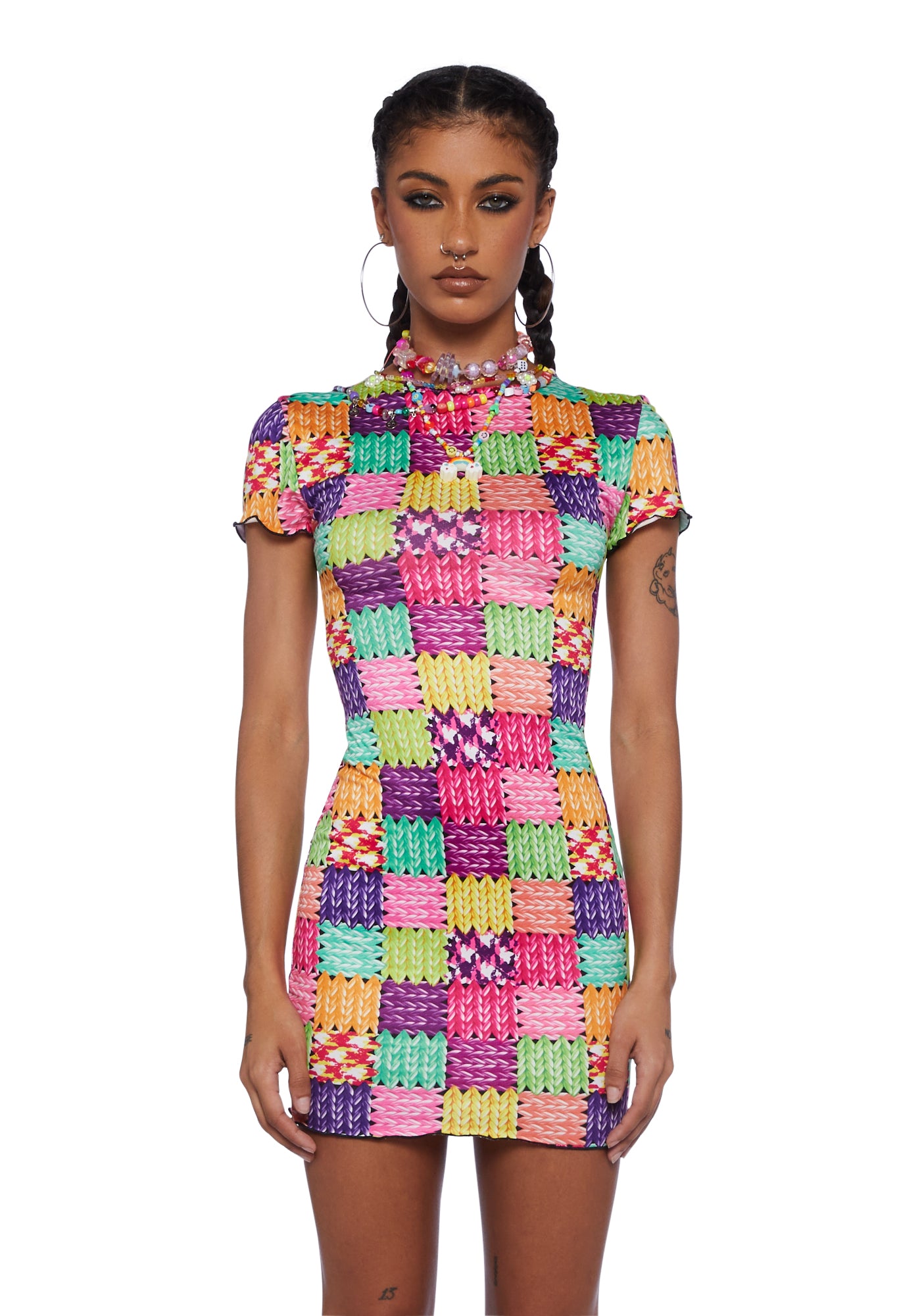 Crochet Print Bodycon Mini Dress - Multi – Dolls Kill