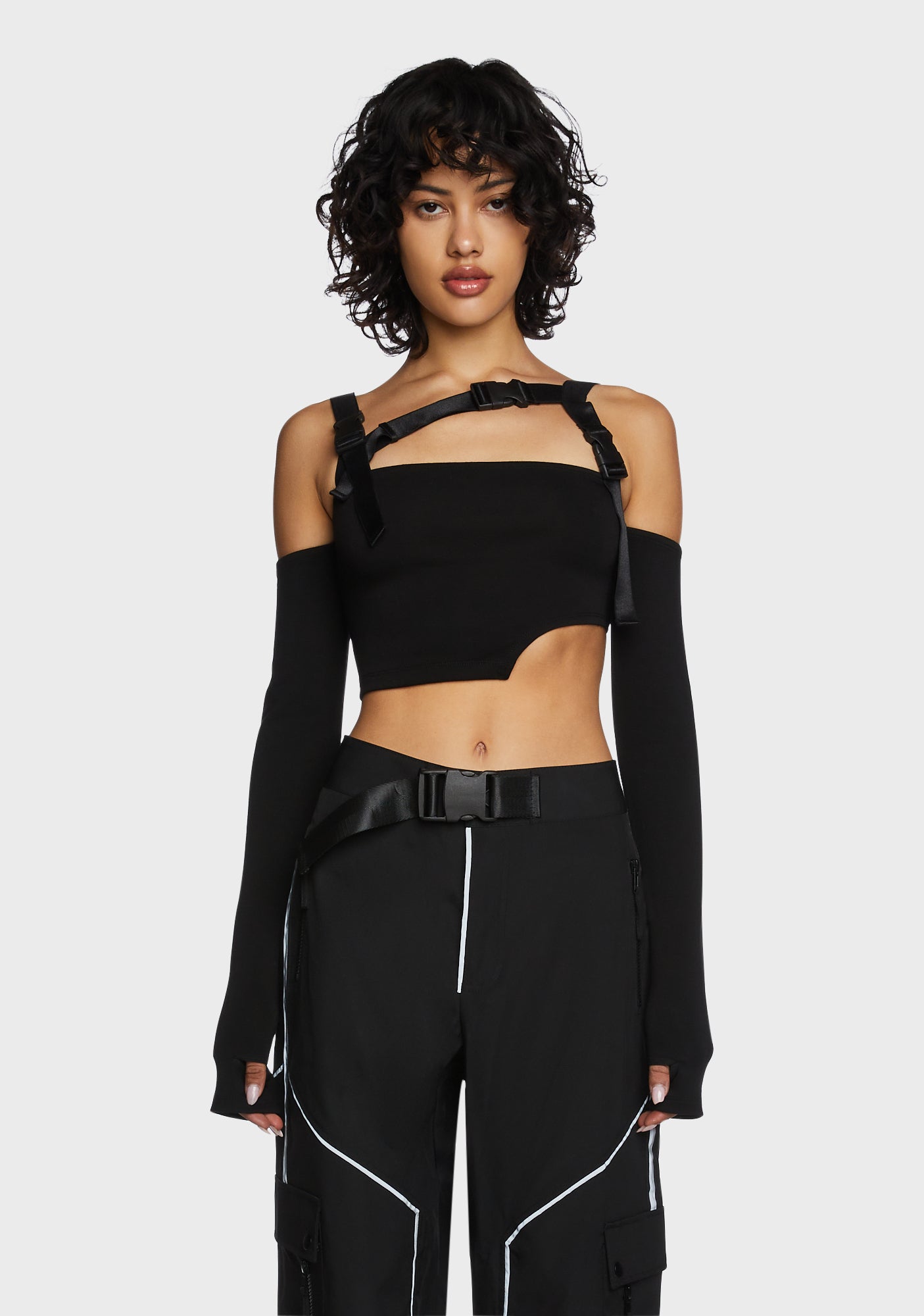 Poster Grl Strappy Off Long Sleeve Crop Top Black – Dolls Kill