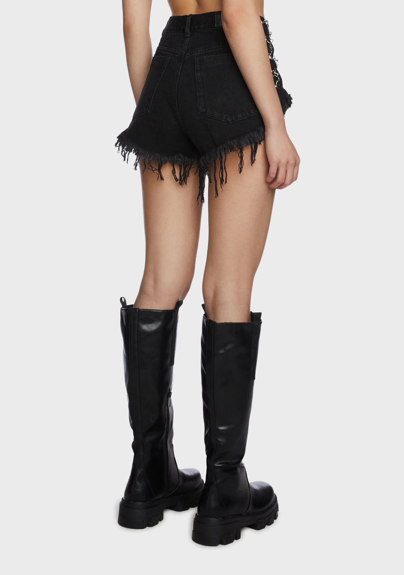 Poster Grl Chain Lace Up Distressed Denim Shorts - Black