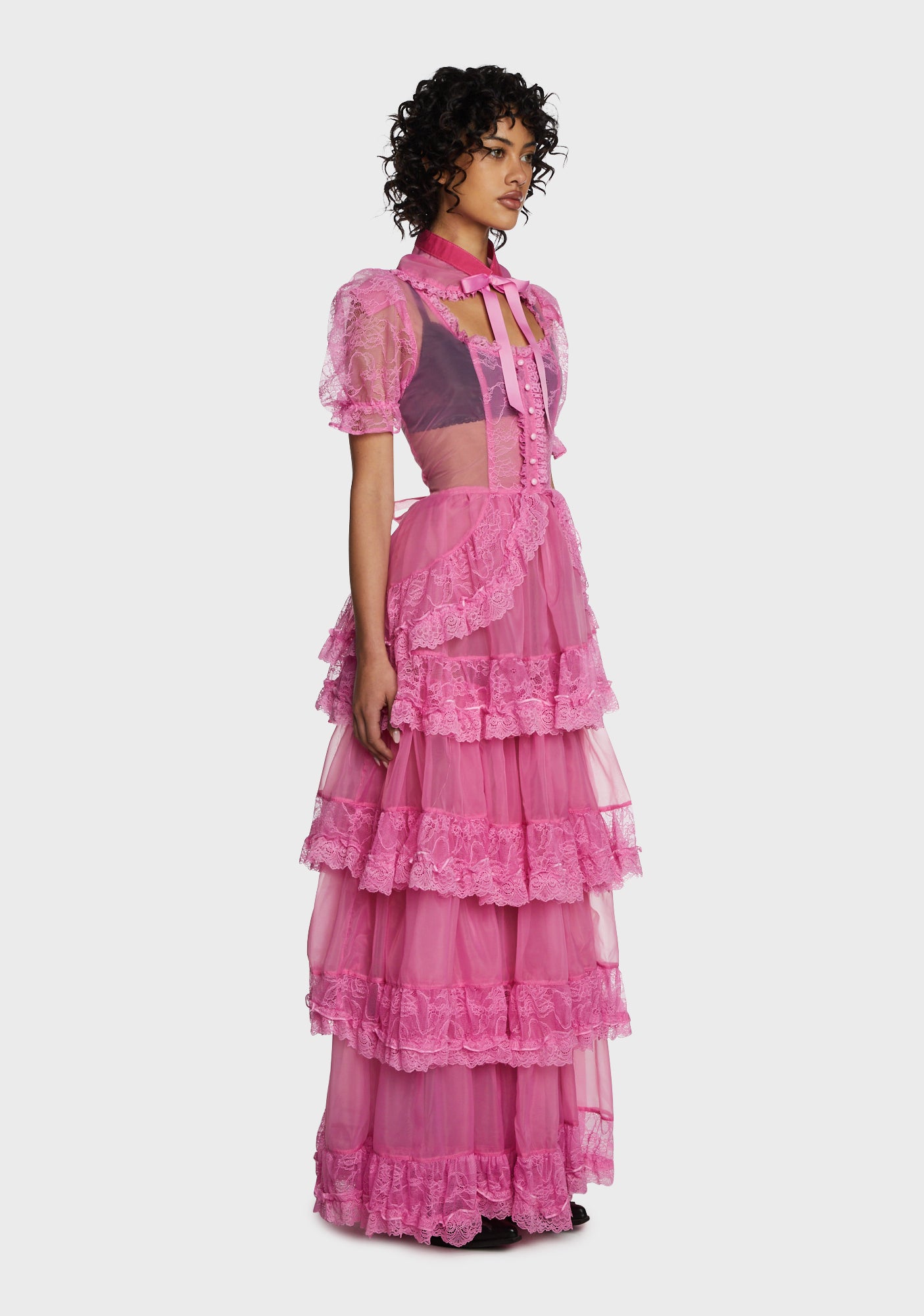 Current Mood Sheer Layered Ruffle Organza Maxi Dress- Pink – Dolls Kill
