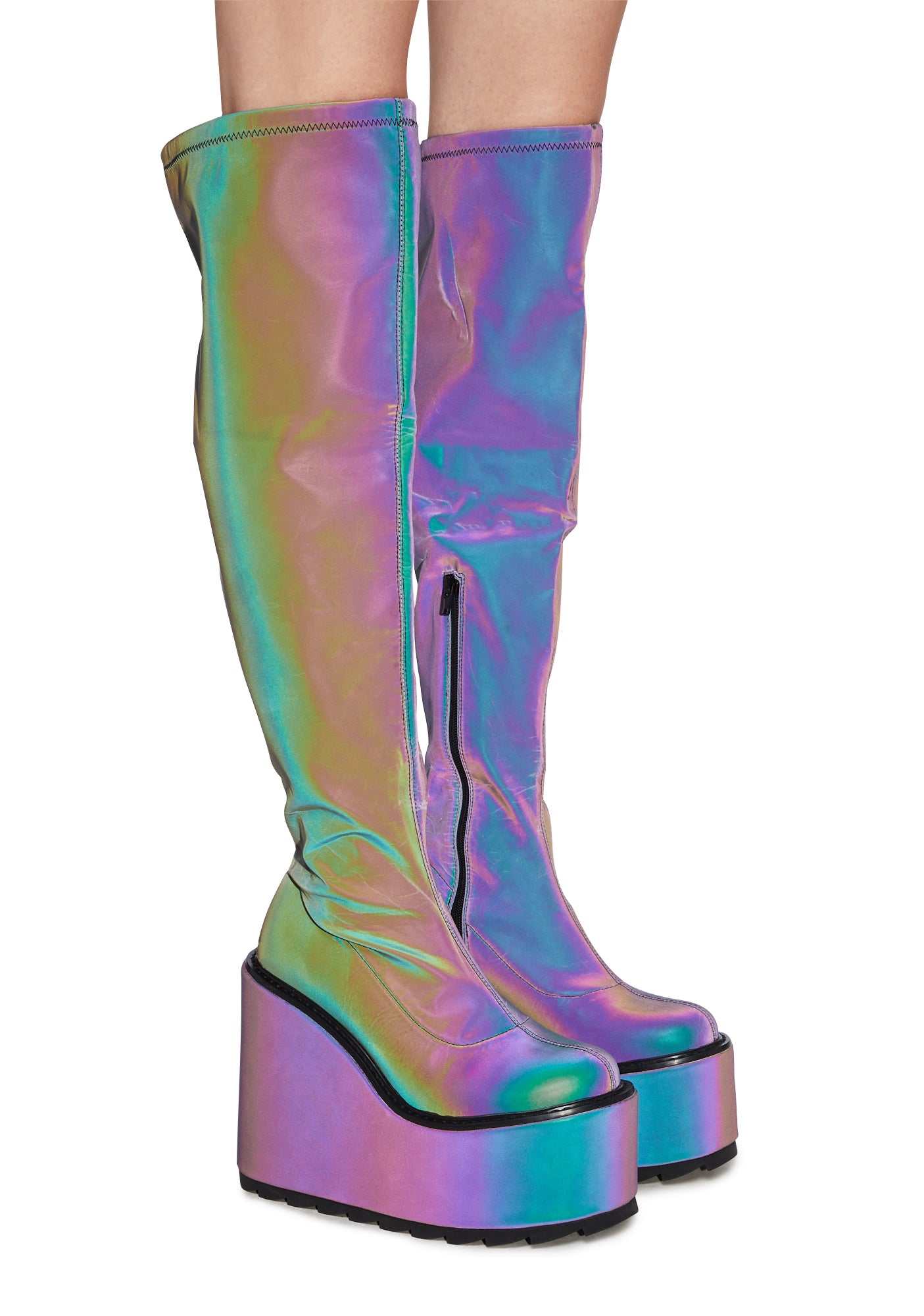 Reflective Pvc Boots Y.R.U. Reflective Knee High Boots- Multi – Dolls Kill