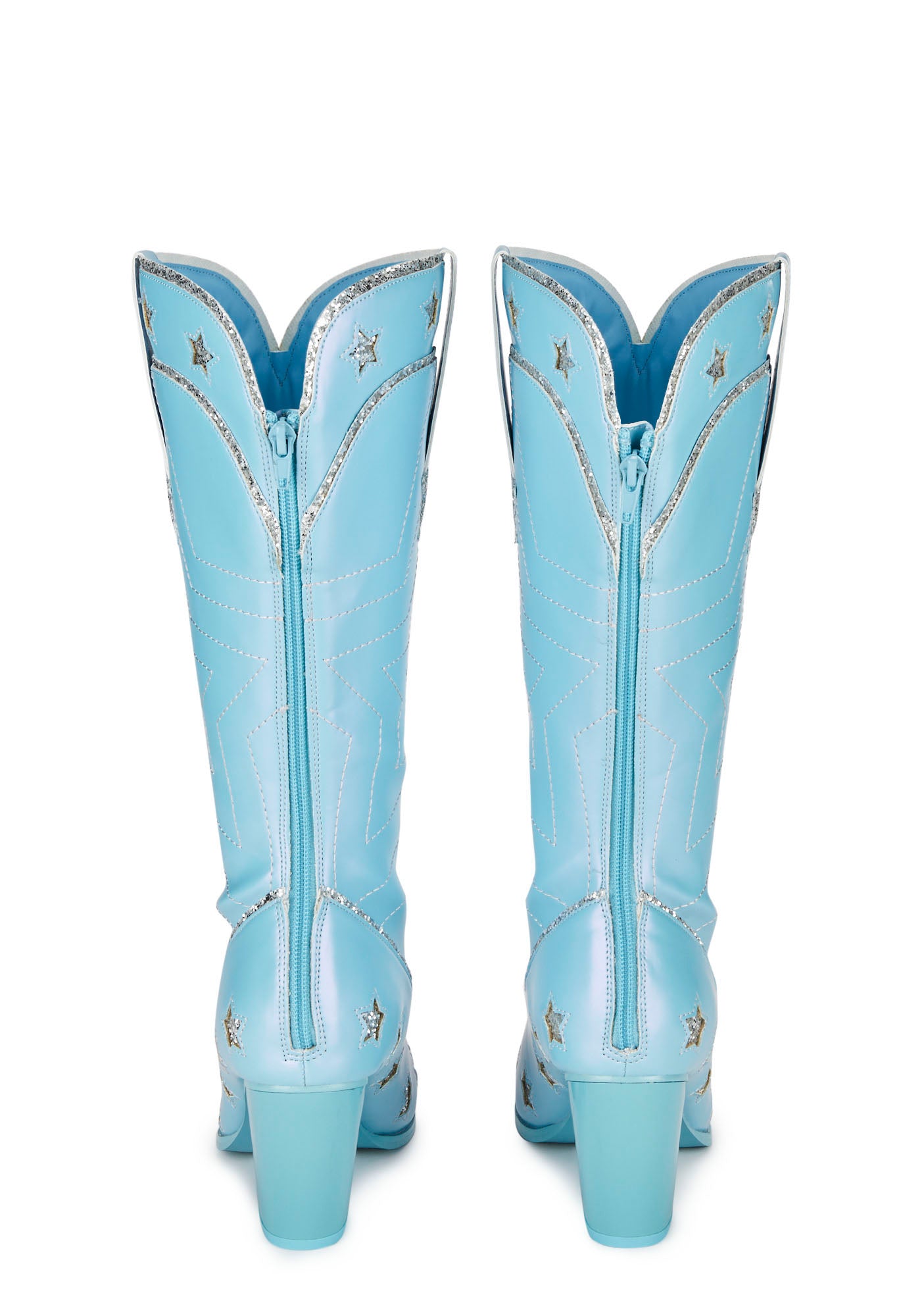 Y.R.U. Glitter Star Vegan Leather Cowboy Boots Blue Dolls Kill