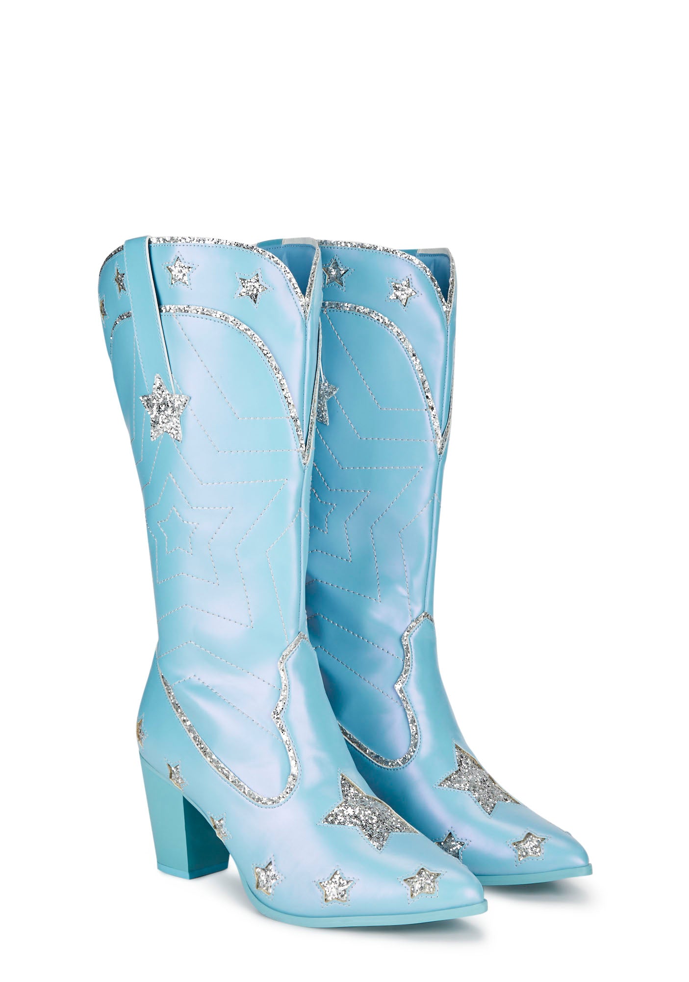 Y.R.U. Glitter Star Vegan Leather Cowboy Boots Blue Dolls Kill