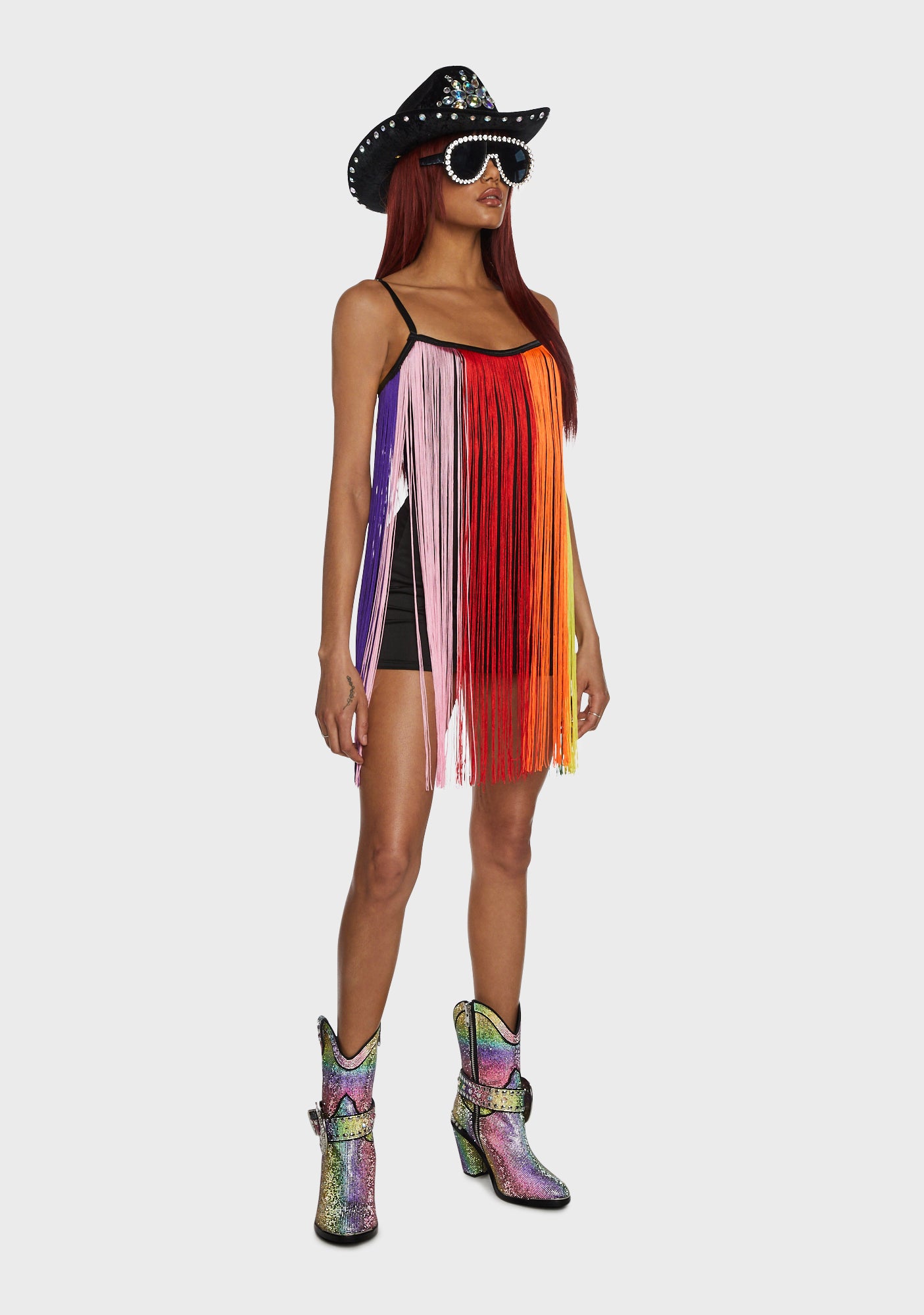 rainbow fringe mini dress Wholesale 50070D-Rainbow Sequin Metallic Fringe Tiered Cami Mini Dress for your store