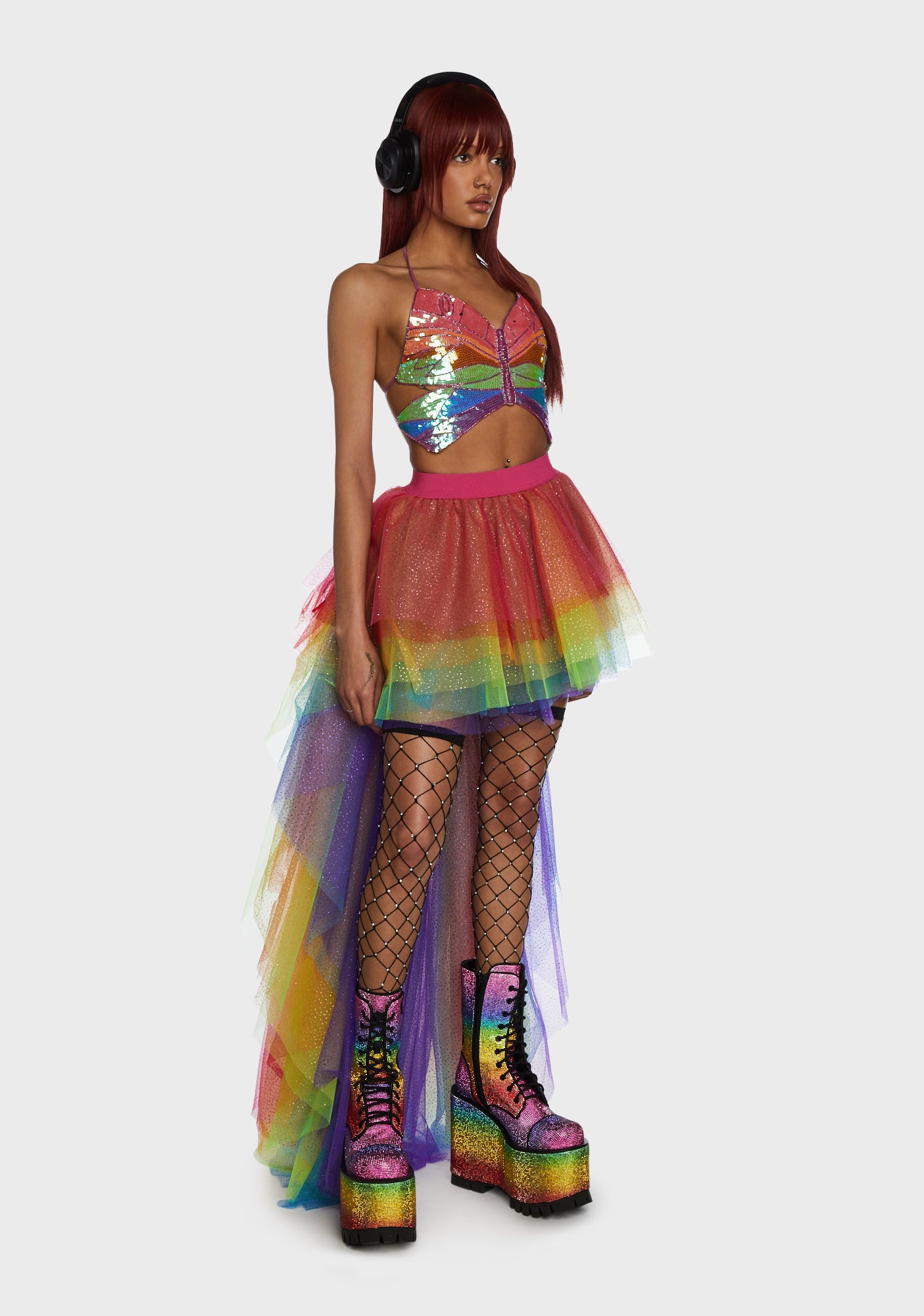 Club Exx Glitter Tulle High Low Skirt Rainbow Dolls Kill